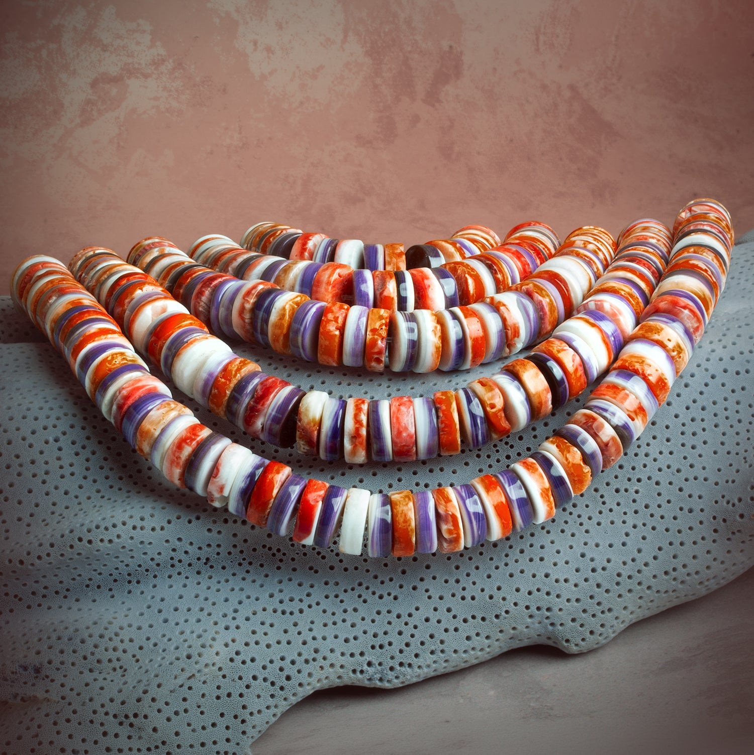 10mm Wampum Shell & Red Spiny Oyster Heishis 15 inch 100 beads - The Bead Traders