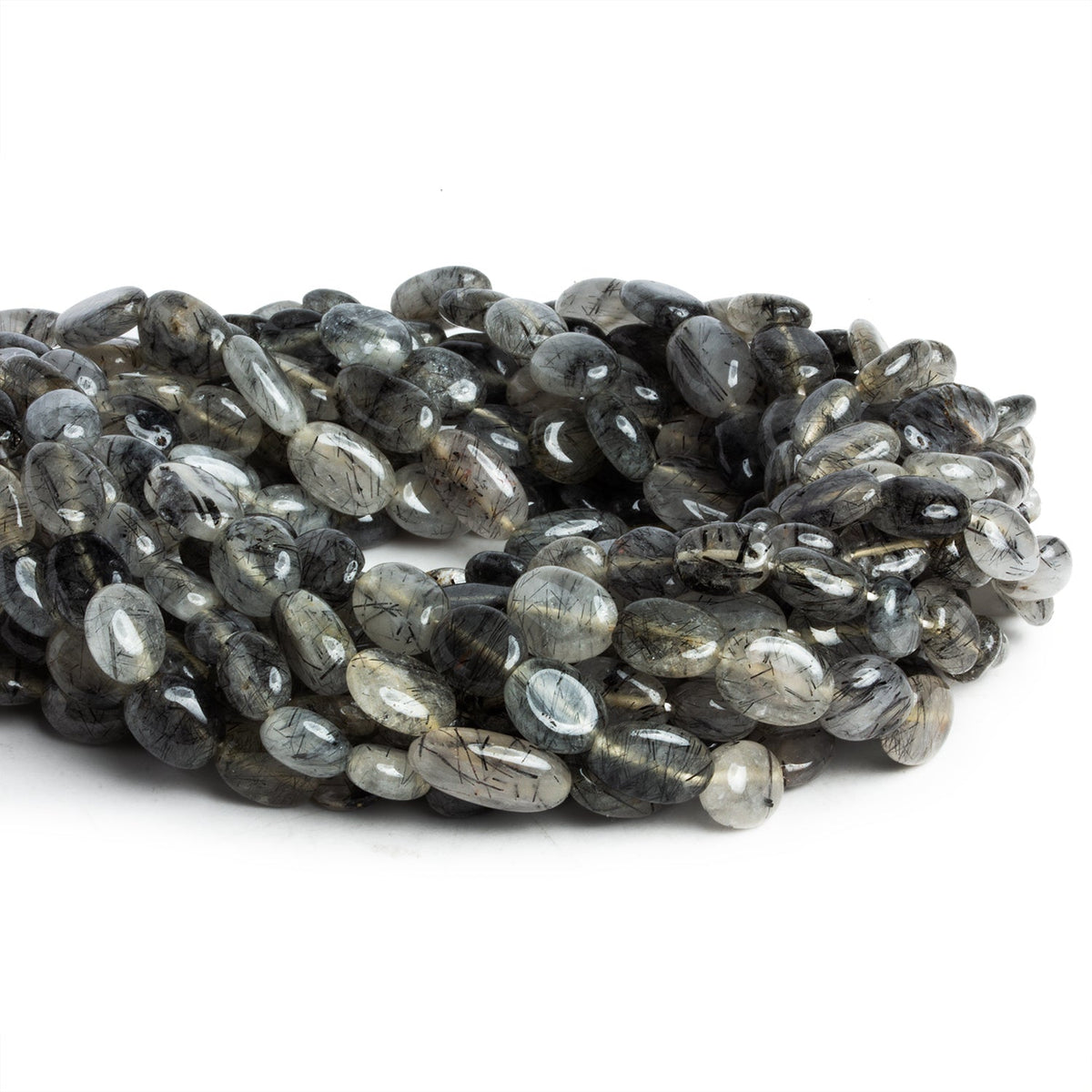 10x7mm Tourmalinated Quartz Plain Ovals 12 inch 28 beads - The Bead Traders