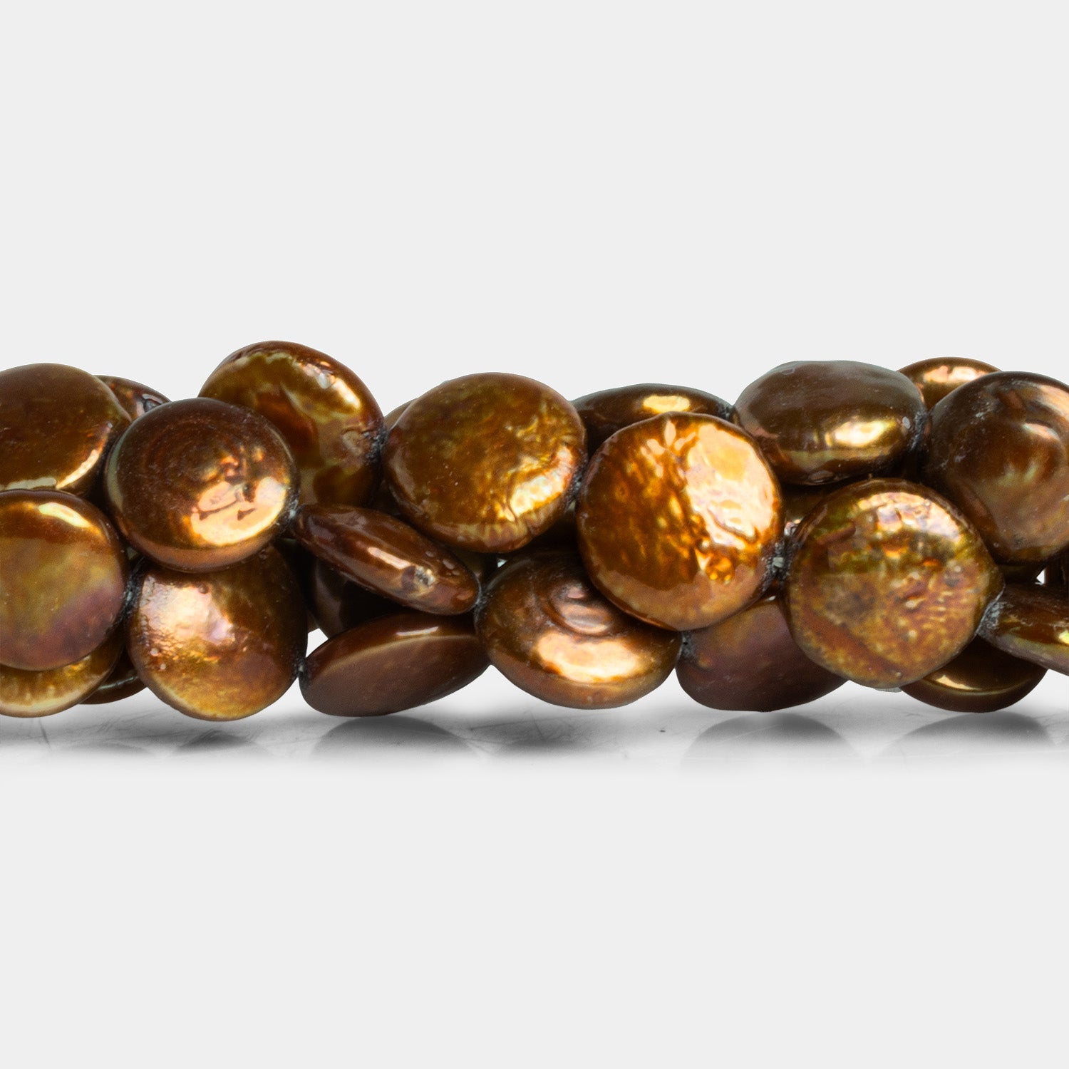 11 - 14mm Brassy Coin Pearls 15 inch 31 beads - The Bead Traders