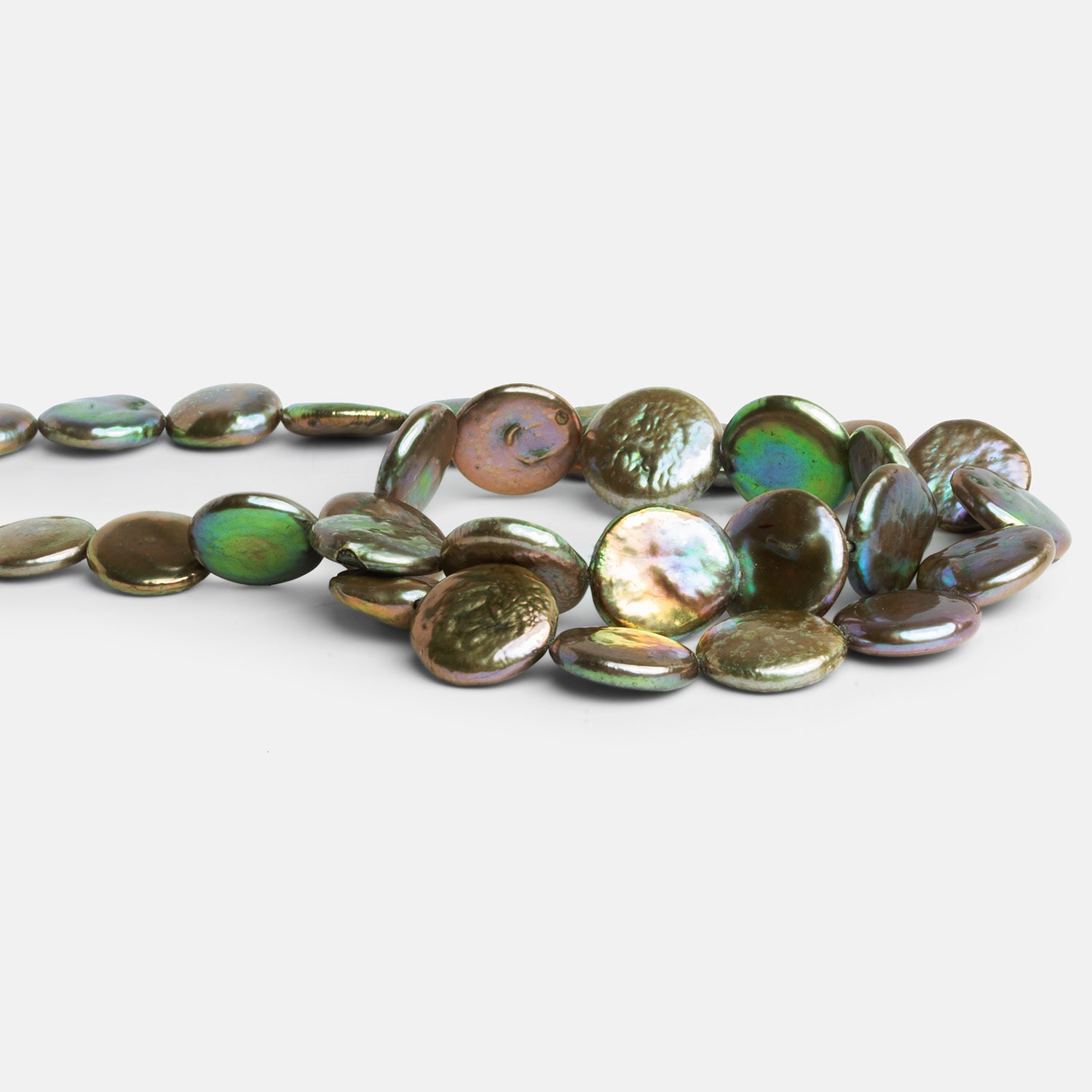 12mm Asparagus Green Coin Pearls 15 inch 33 beads - The Bead Traders