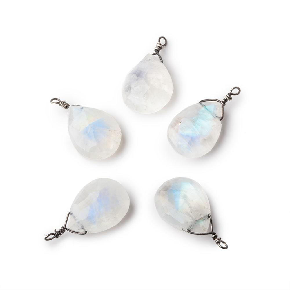 12x9mm Black Gold Wire Wrapped Rainbow Moonstone Faceted Pear 1 Focal Pendant - The Bead Traders