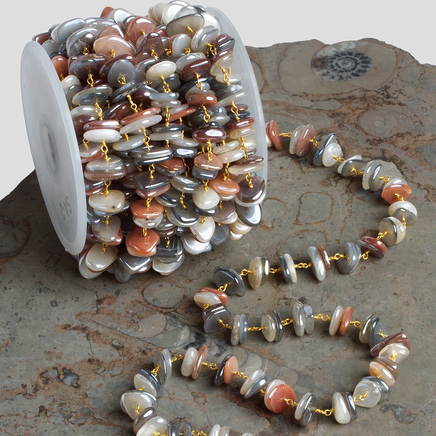 12x9mm Mystic Multi Moonstone Double Chip Gold Chain 56 beads - The Bead Traders