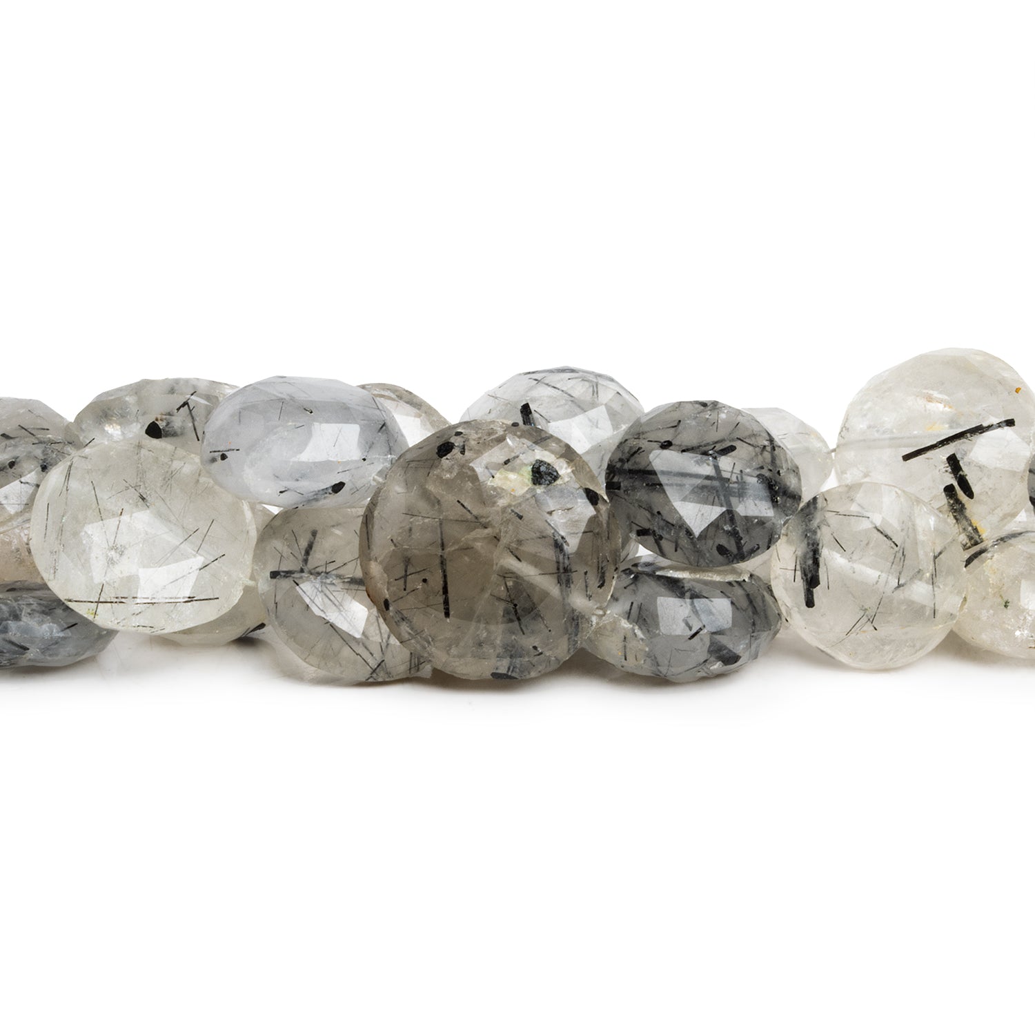 13 - 17mm Tourmalinated Quartz Faceted Coins 8 inch 14 beads - The Bead Traders