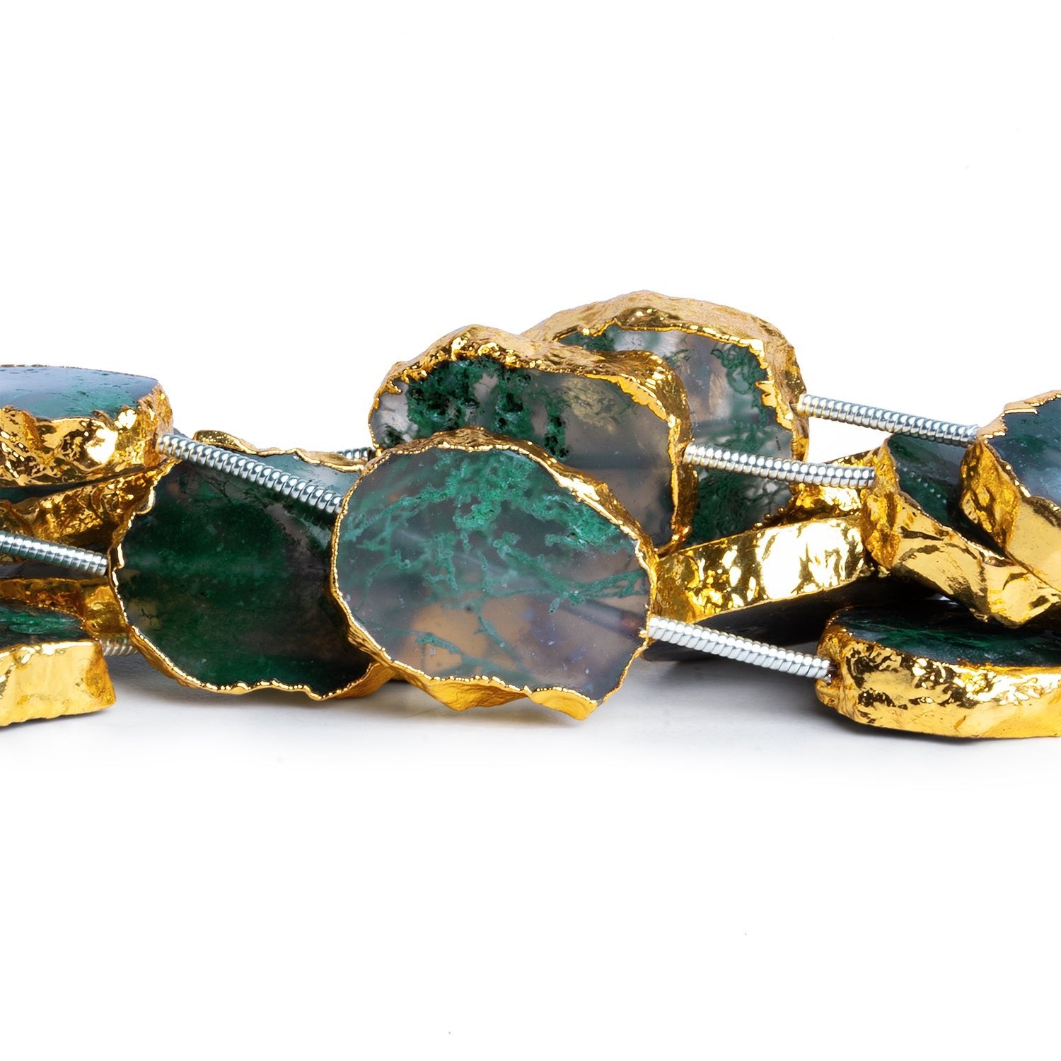 17x13mm Gold Leafed Moss Agate Slices 6 inch 7 beads - The Bead Traders