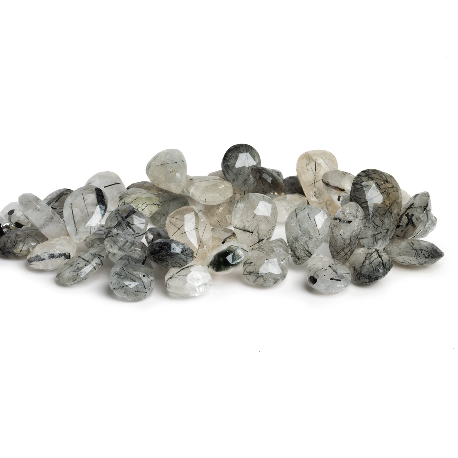 17x13mm Tourmalinated Quartz Faceted Pears 8 inch 43 beads - The Bead Traders