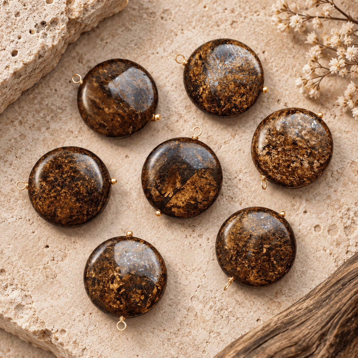 18mm Bronzite Wire-Wrapped Coin Pendant 1 Bead - The Bead Traders