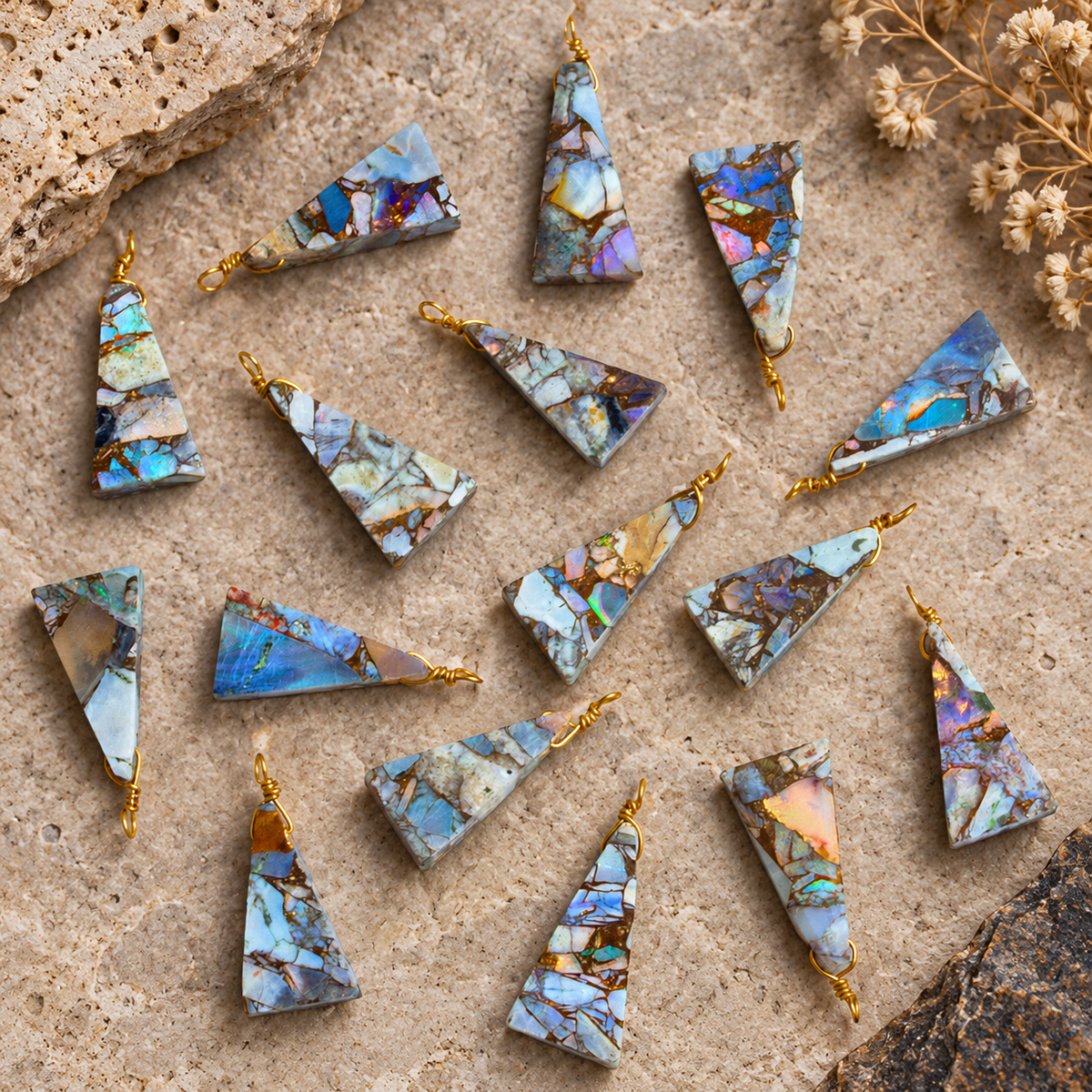 21x8mm Mosaic Australian Opal Wire-Wrapped Triangle Pendant 1 Bead - The Bead Traders