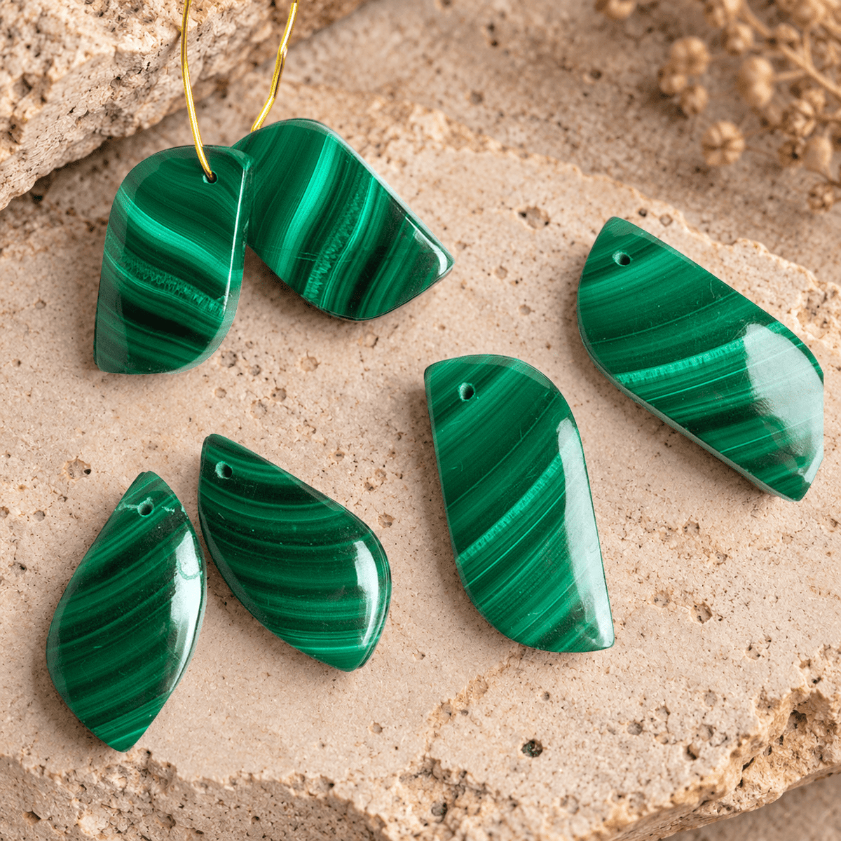 25x12mm Malachite Fancy Shape Focals 2 Beads - The Bead Traders