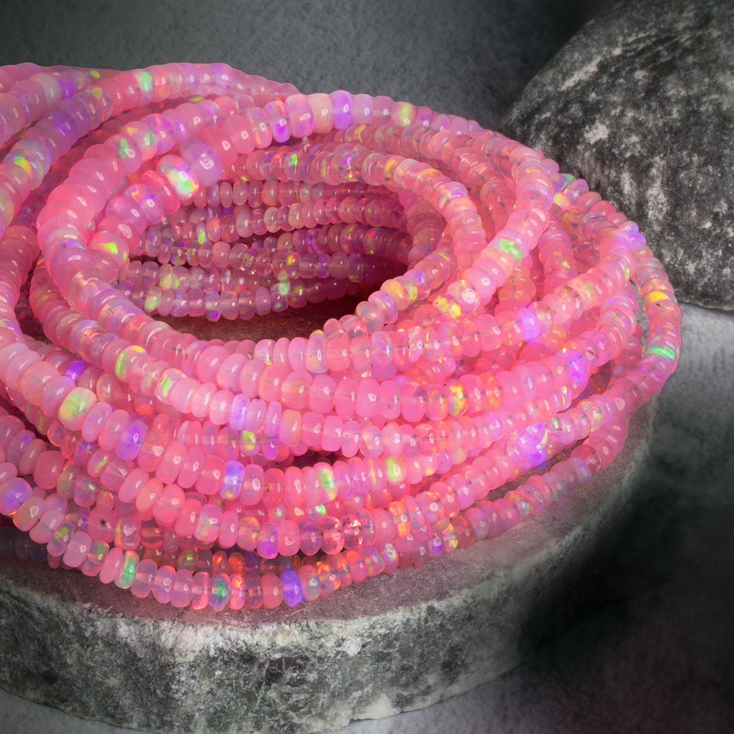 3 - 6.5mm Pink Ethiopian Opal Plain Rondelles 17 inch 220 beads - The Bead Traders