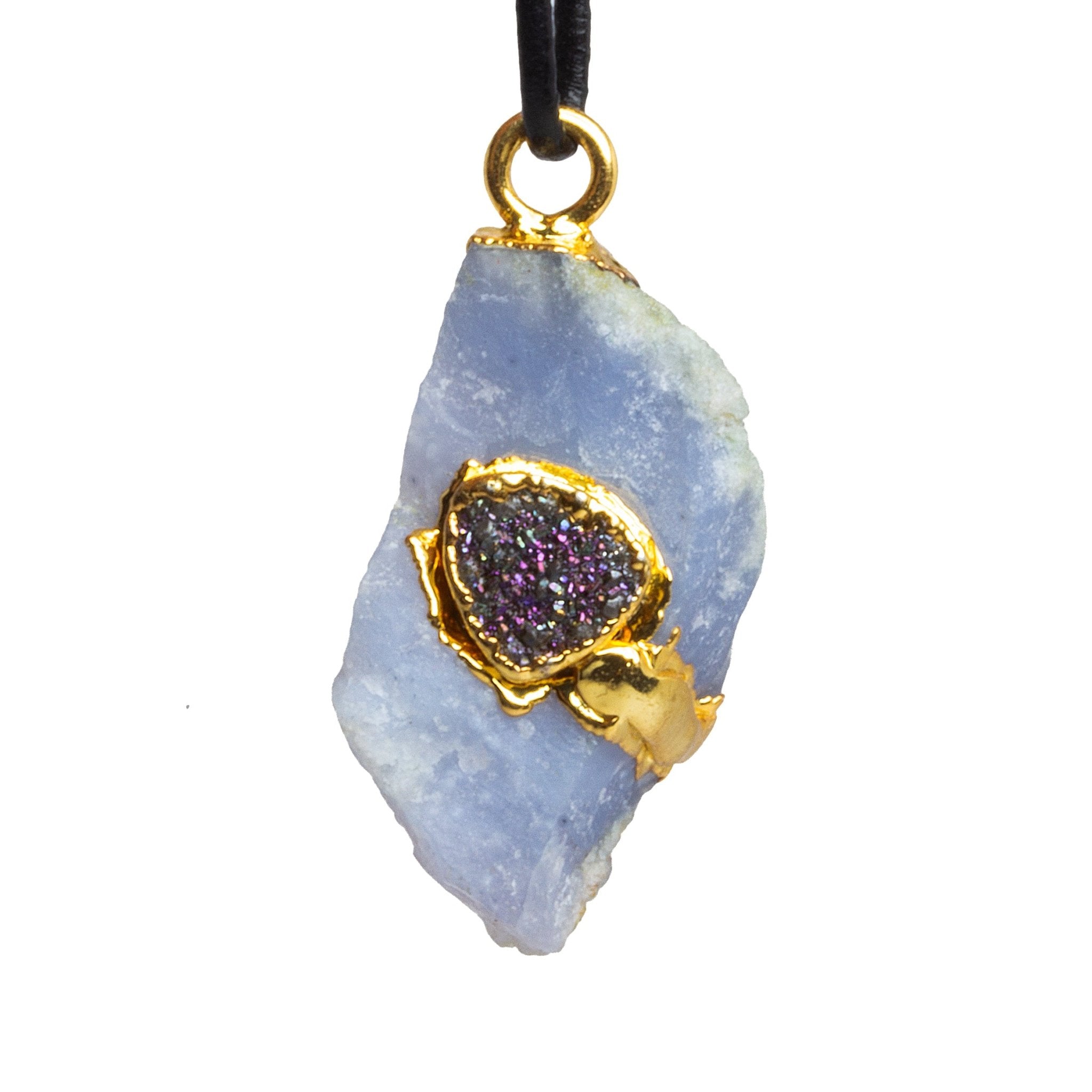 33x16mm Double Leafed Turkish Chalcedony w/ Metallic Drusy Pendant 1 Bead - The Bead Traders