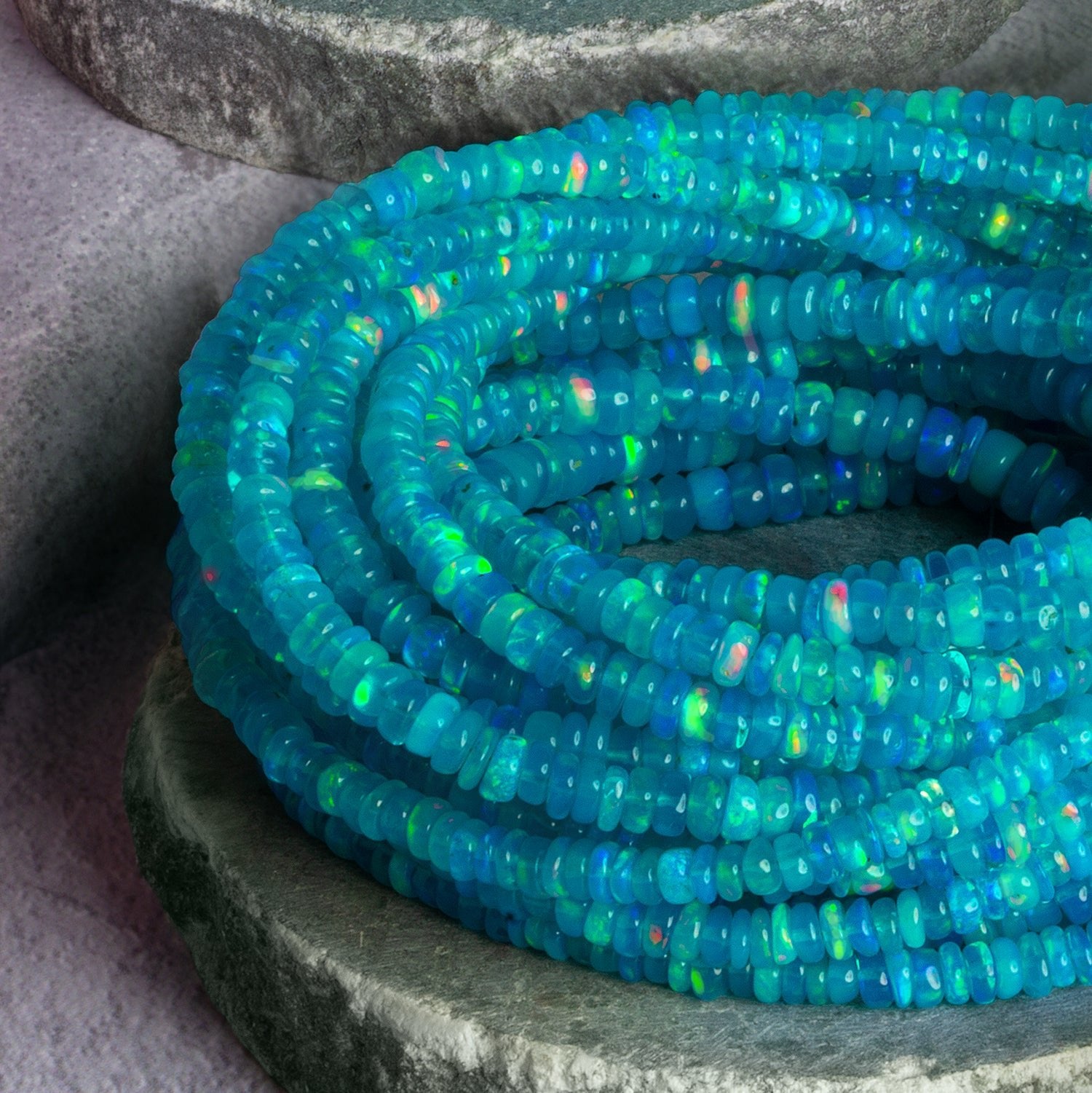 4.5mm Blue Ethiopian Opal Plain Rondelles 17 inch 180 beads - The Bead Traders