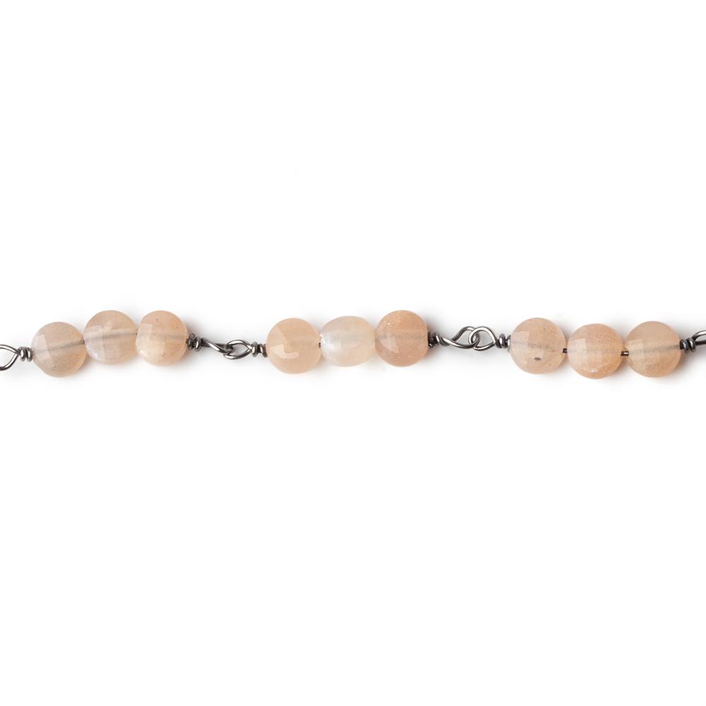 4mm Angel Skin Peach Moonstone Coin Trio Black Gold Chain 54 beads - The Bead Traders