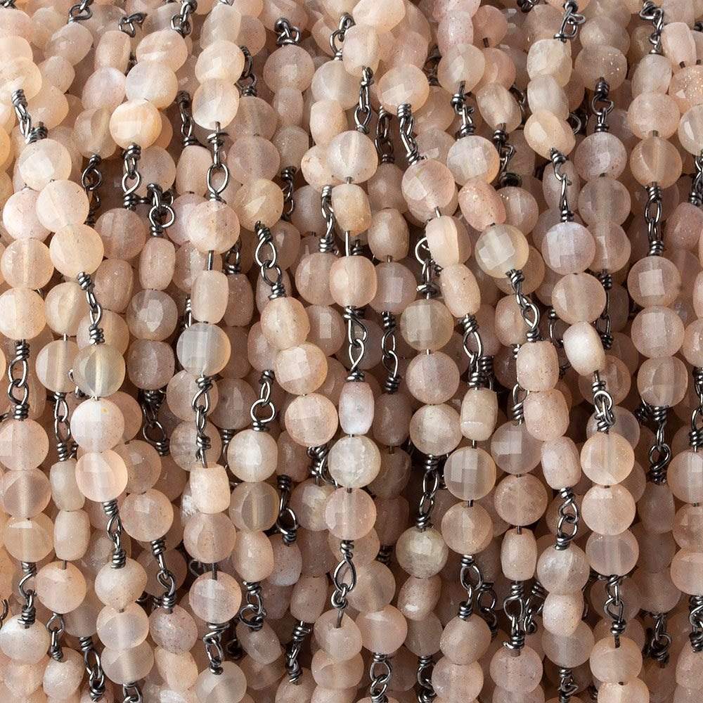 4mm Angel Skin Peach Moonstone Coin Trio Black Gold Chain 54 beads - The Bead Traders