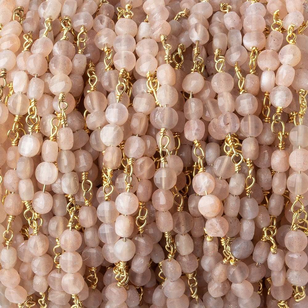 4mm Angel Skin Peach Moonstone Coin Trio Gold Chain 54 beads - The Bead Traders