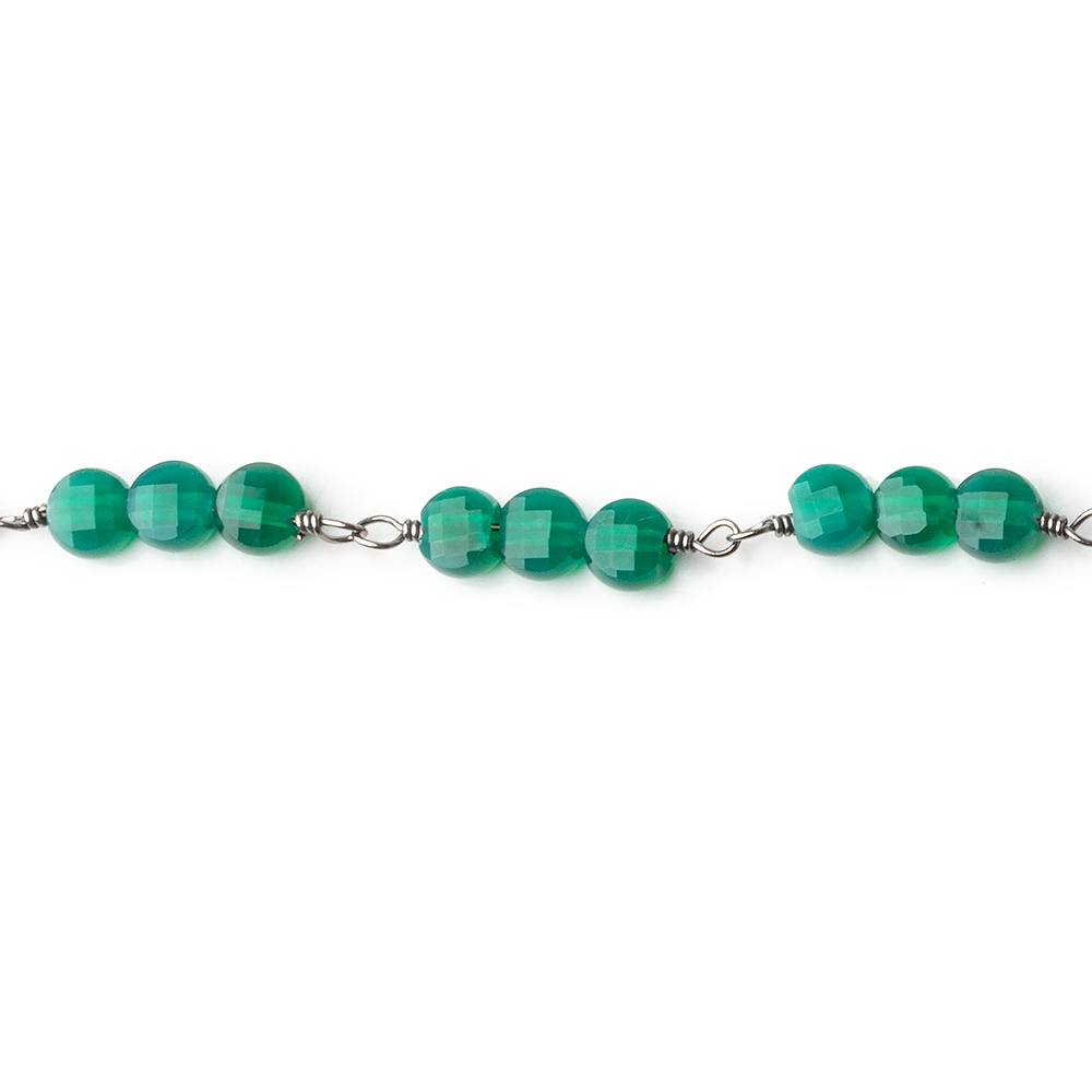 4mm Green Onyx Faceted Coin Trio Black Gold Chain 54 beads - The Bead Traders