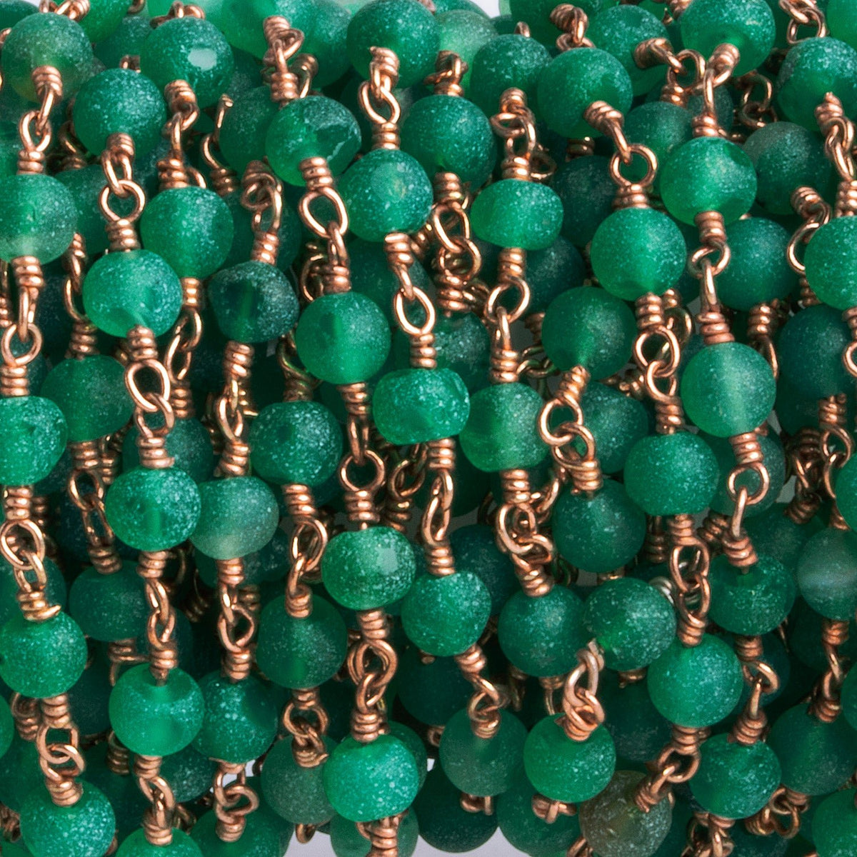 4mm Matte Green Chalcedony Round Rose Gold Chain 33 beads - The Bead Traders