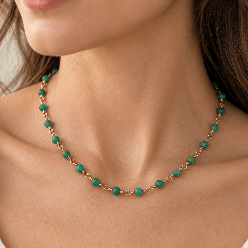 4mm Matte Green Chalcedony Round Rose Gold Chain 33 beads - The Bead Traders