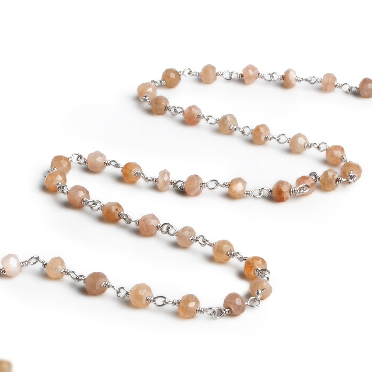 4mm Peach Moonstone Faceted Rondelle Silver Chain 38 beads - The Bead Traders