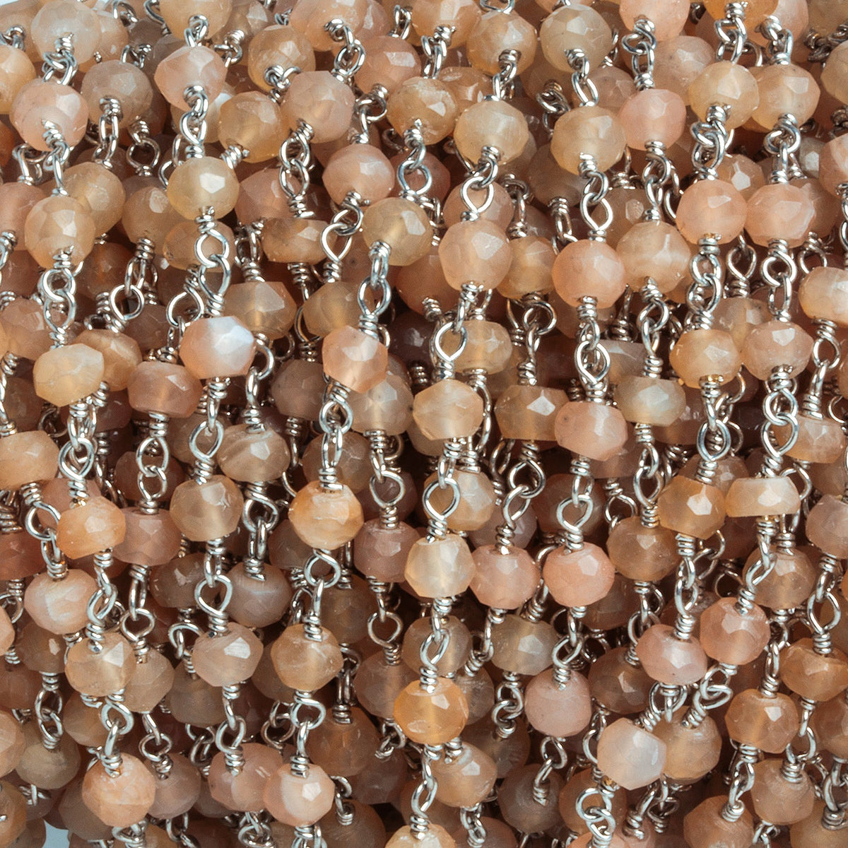 4mm Peach Moonstone Faceted Rondelle Silver Chain 38 beads - The Bead Traders