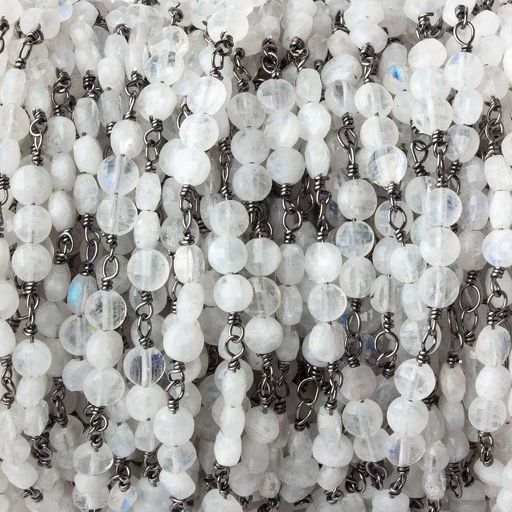 4mm Rainbow Moonstone Coin Trio Black Gold Chain 54 beads - The Bead Traders