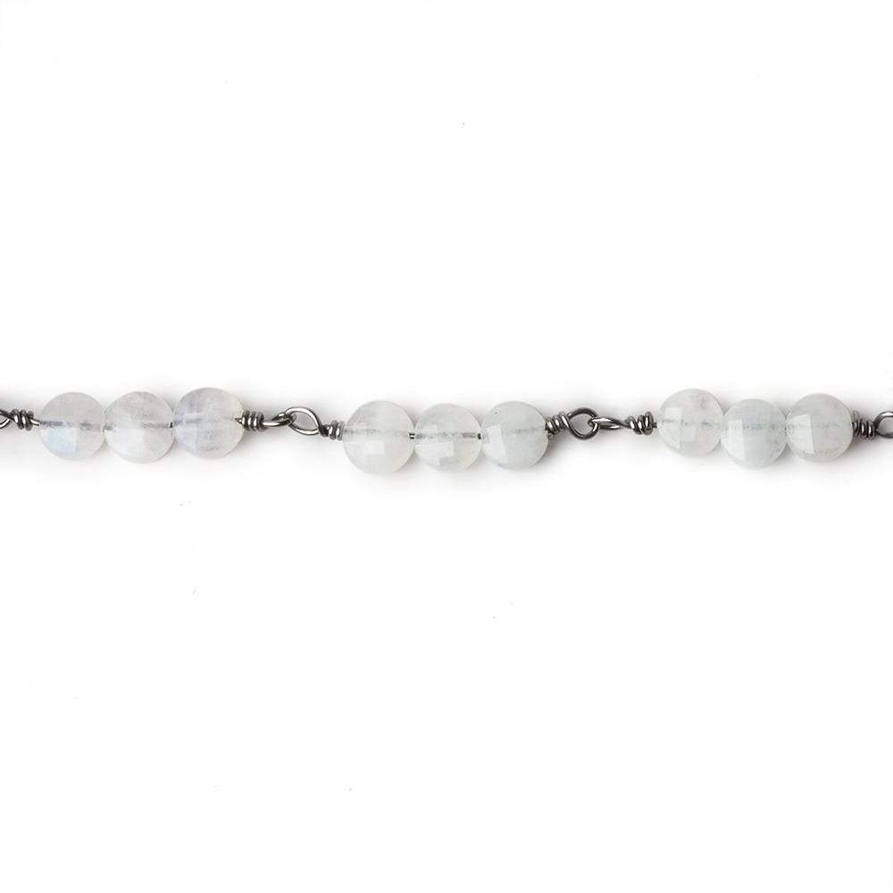 4mm Rainbow Moonstone Coin Trio Black Gold Chain 54 beads - The Bead Traders
