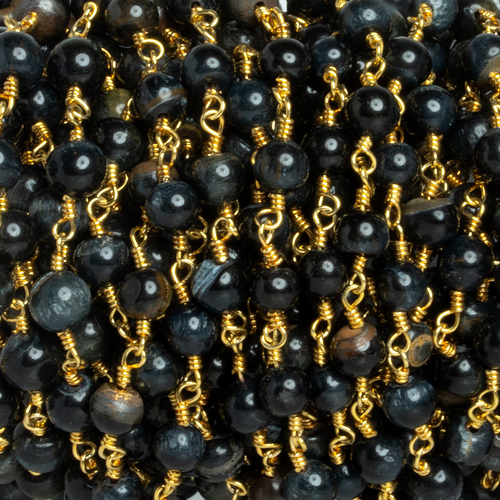 5mm Black Tiger's Eye Plain Rounds Gold Chain 23 beads - The Bead Traders