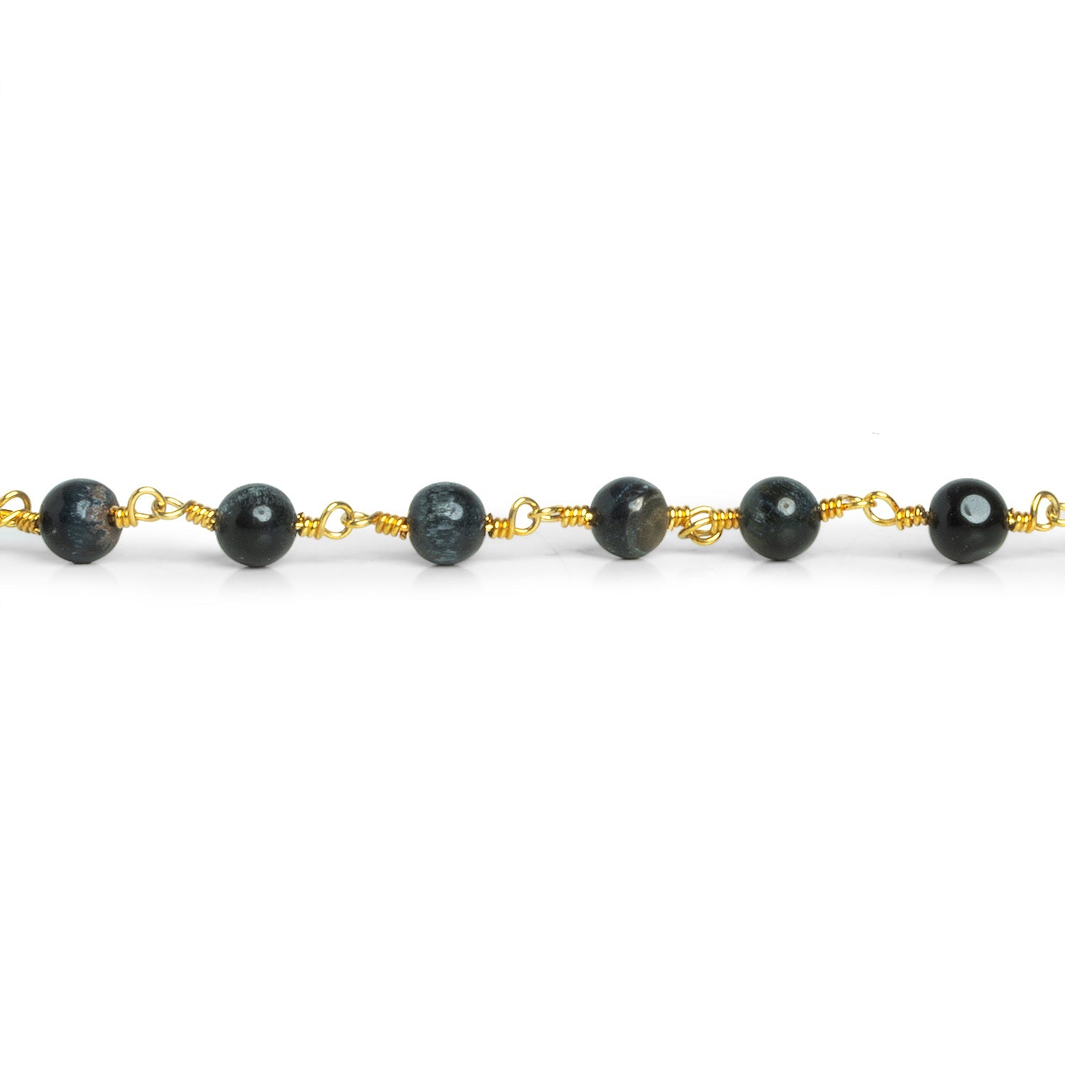 5mm Black Tiger's Eye Plain Rounds Gold Chain 23 beads - The Bead Traders