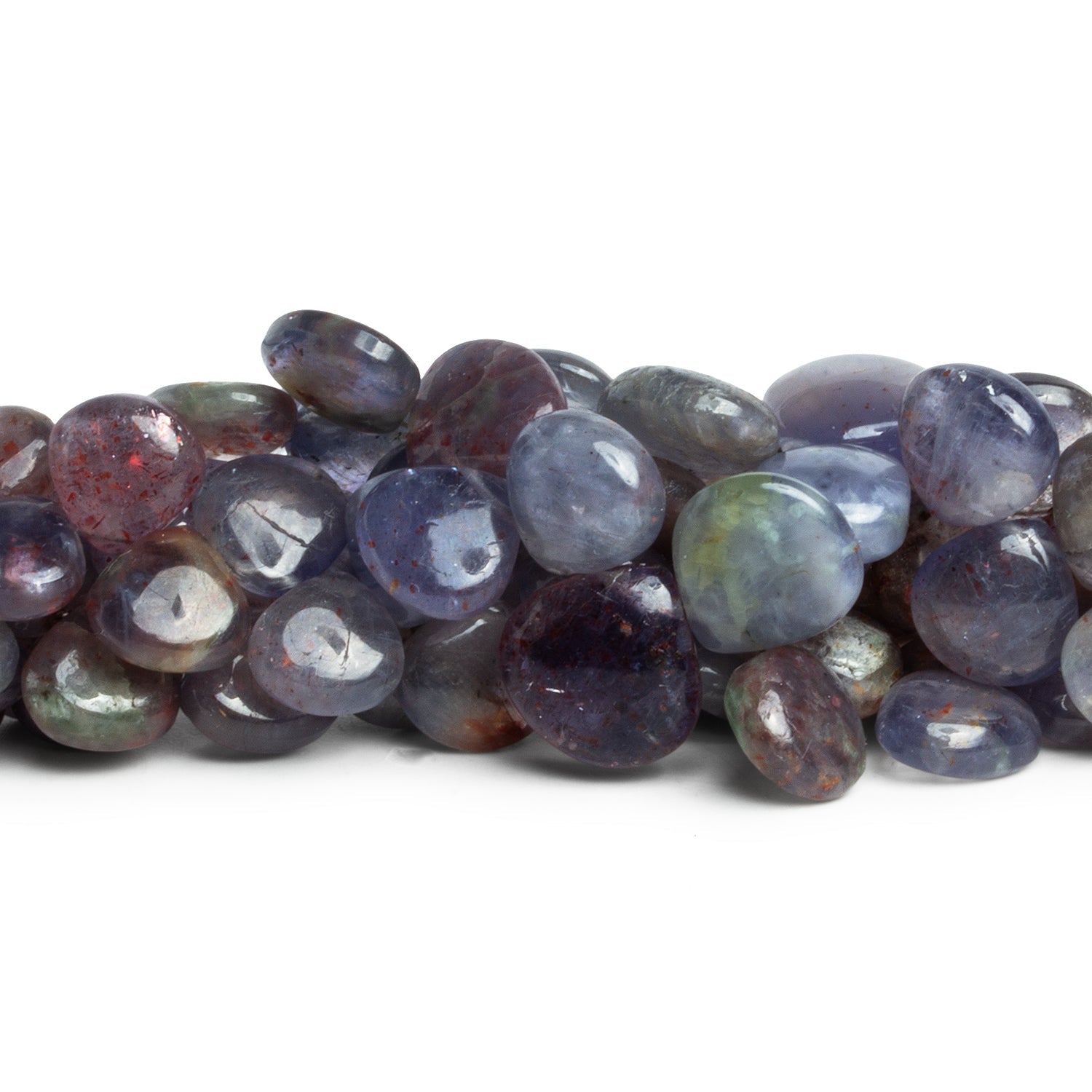 6 - 13mm Bloodshot Iolite Plain Hearts 8 inch 45 beads - The Bead Traders