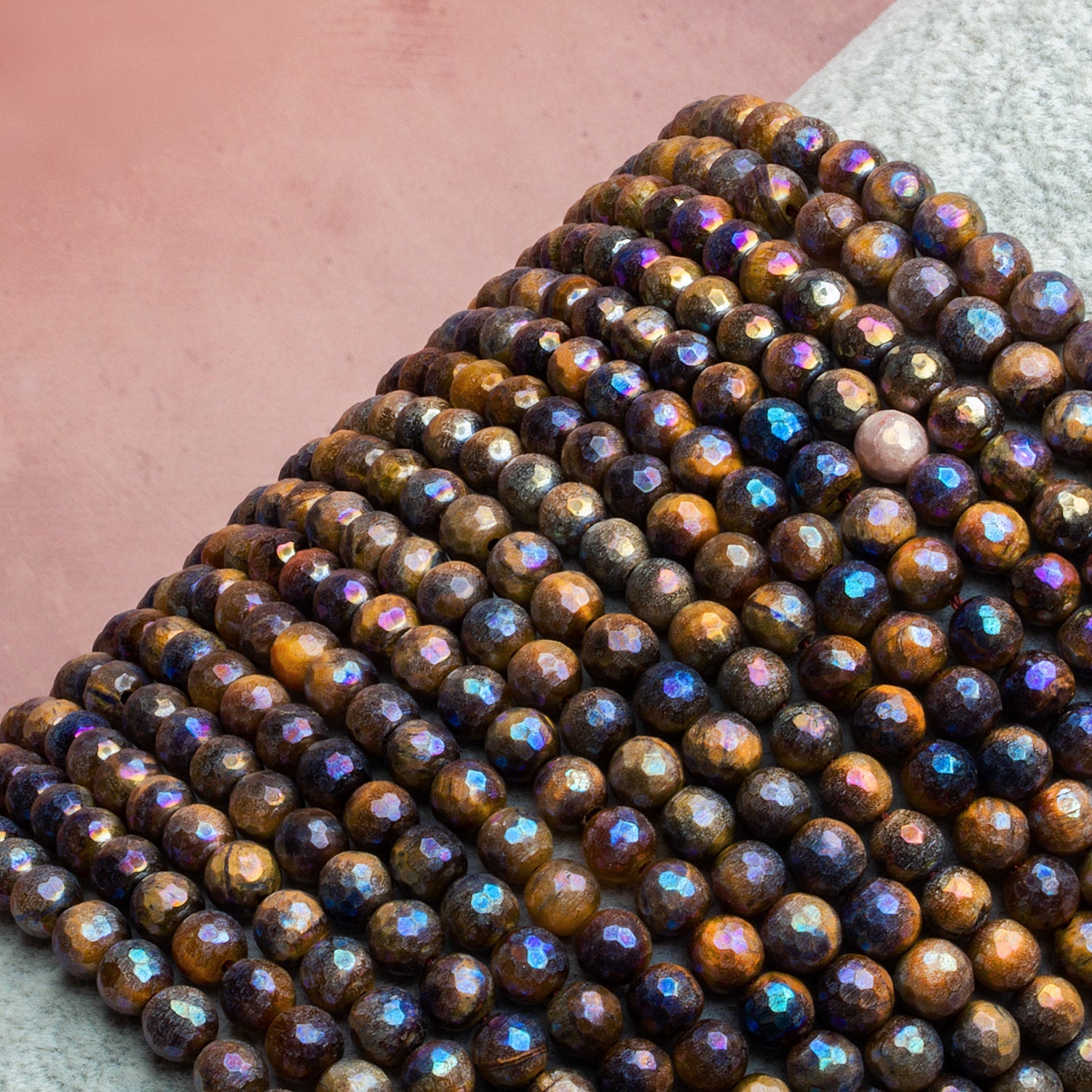 6.5mm Mystic Tiger's Eye Faceted Rounds 15 inch 60 beads - The Bead Traders