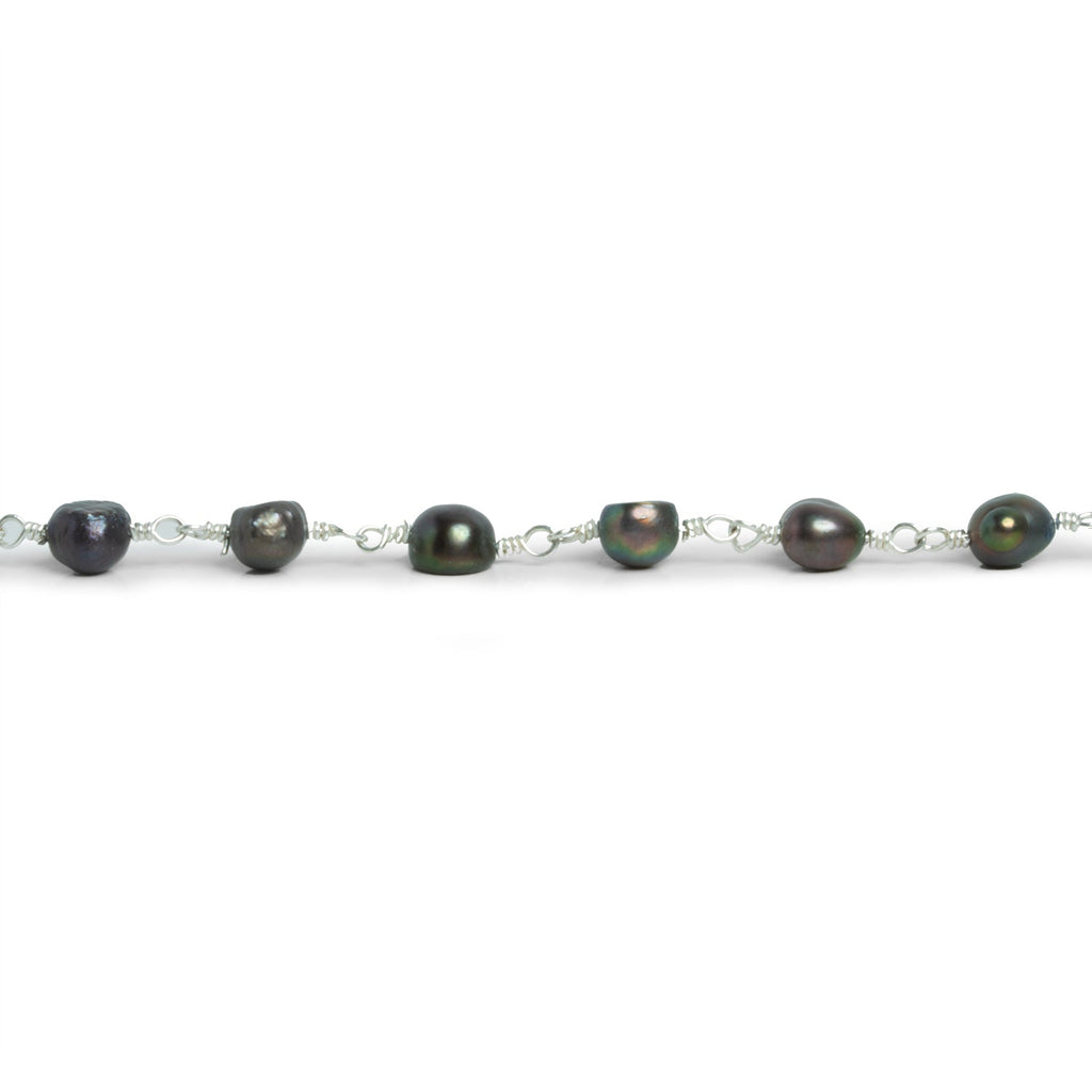 6.5x5mm Peacock Baroque Pearl Silver Chain 28 beads - The Bead Traders
