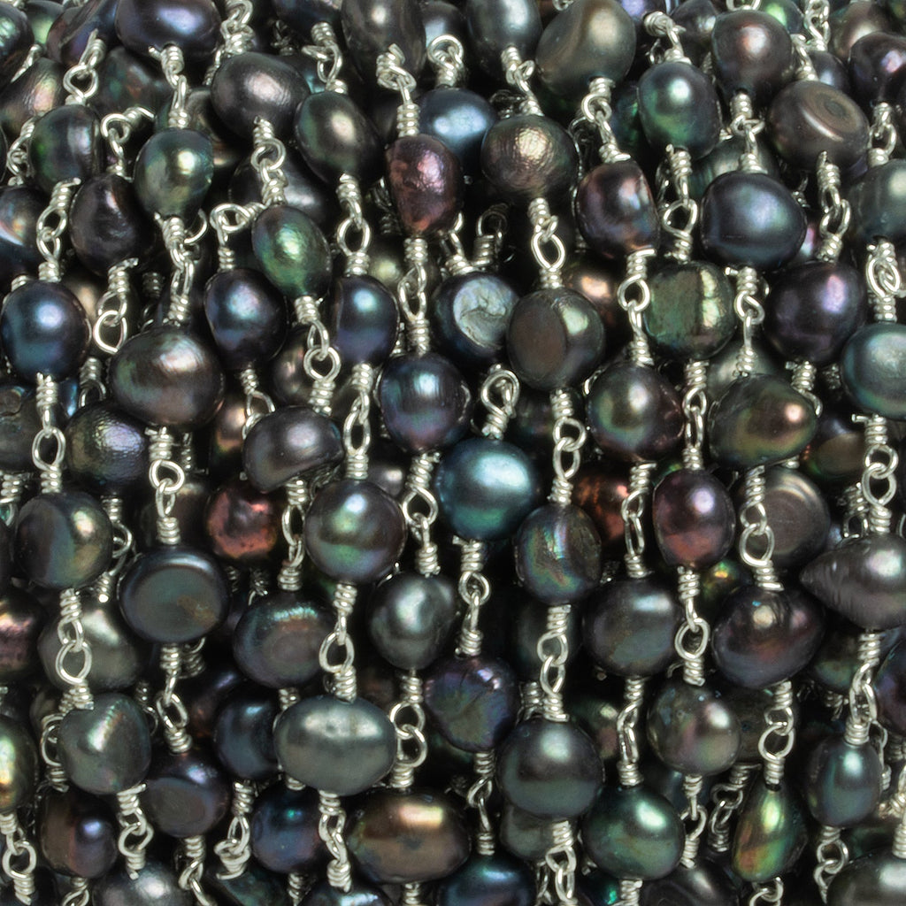 6.5x5mm Peacock Baroque Pearl Silver Chain 28 beads - The Bead Traders
