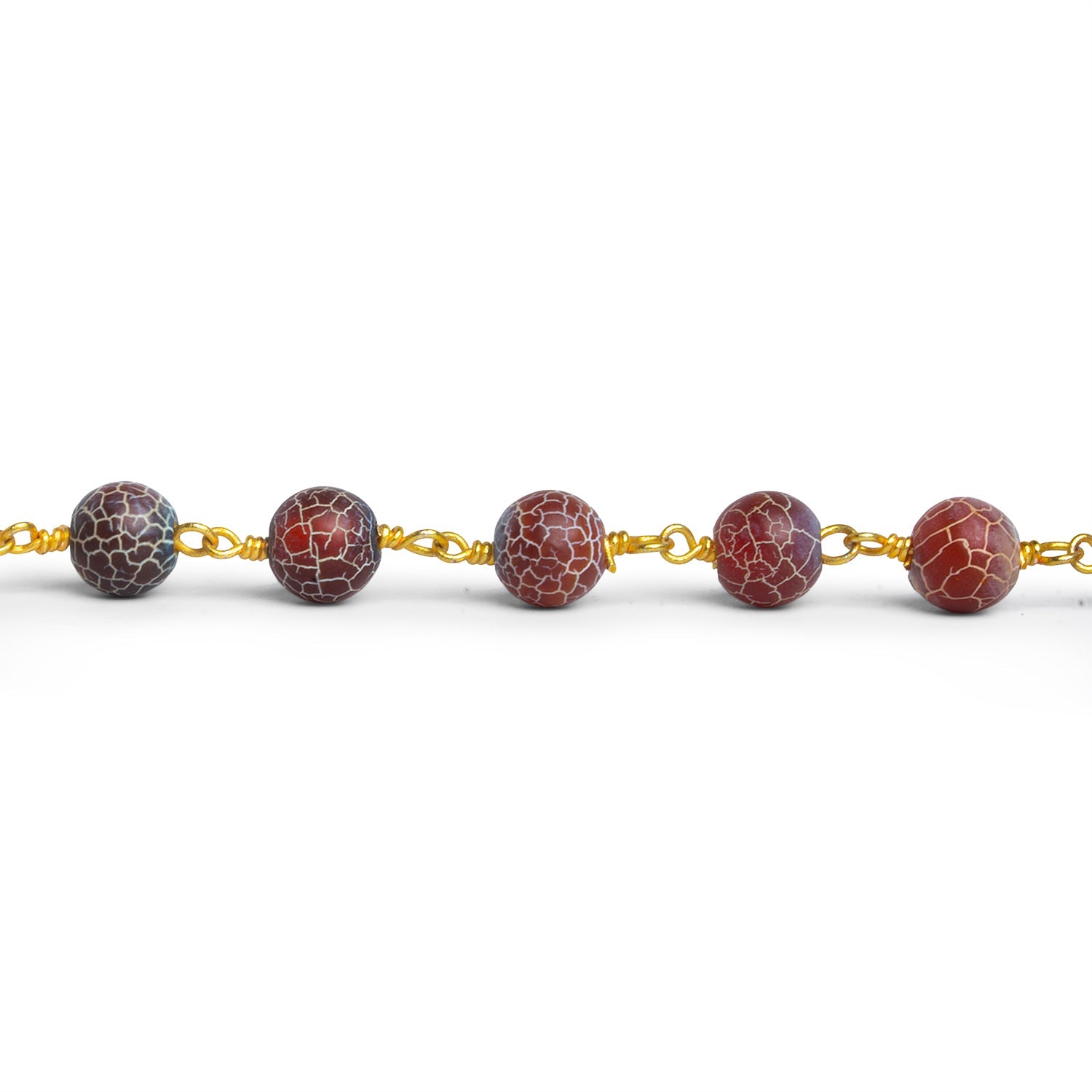 6mm Red Cracked Agate Round Gold Chain 27 Beads - The Bead Traders