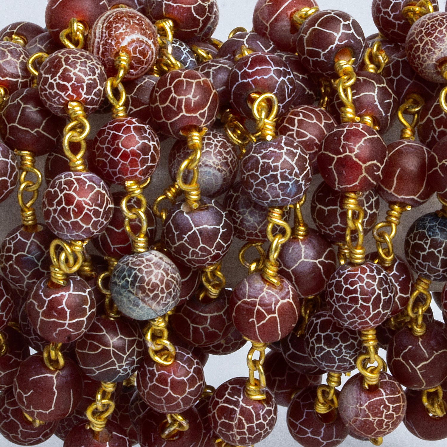 6mm Red Cracked Agate Round Gold Chain 27 Beads - The Bead Traders