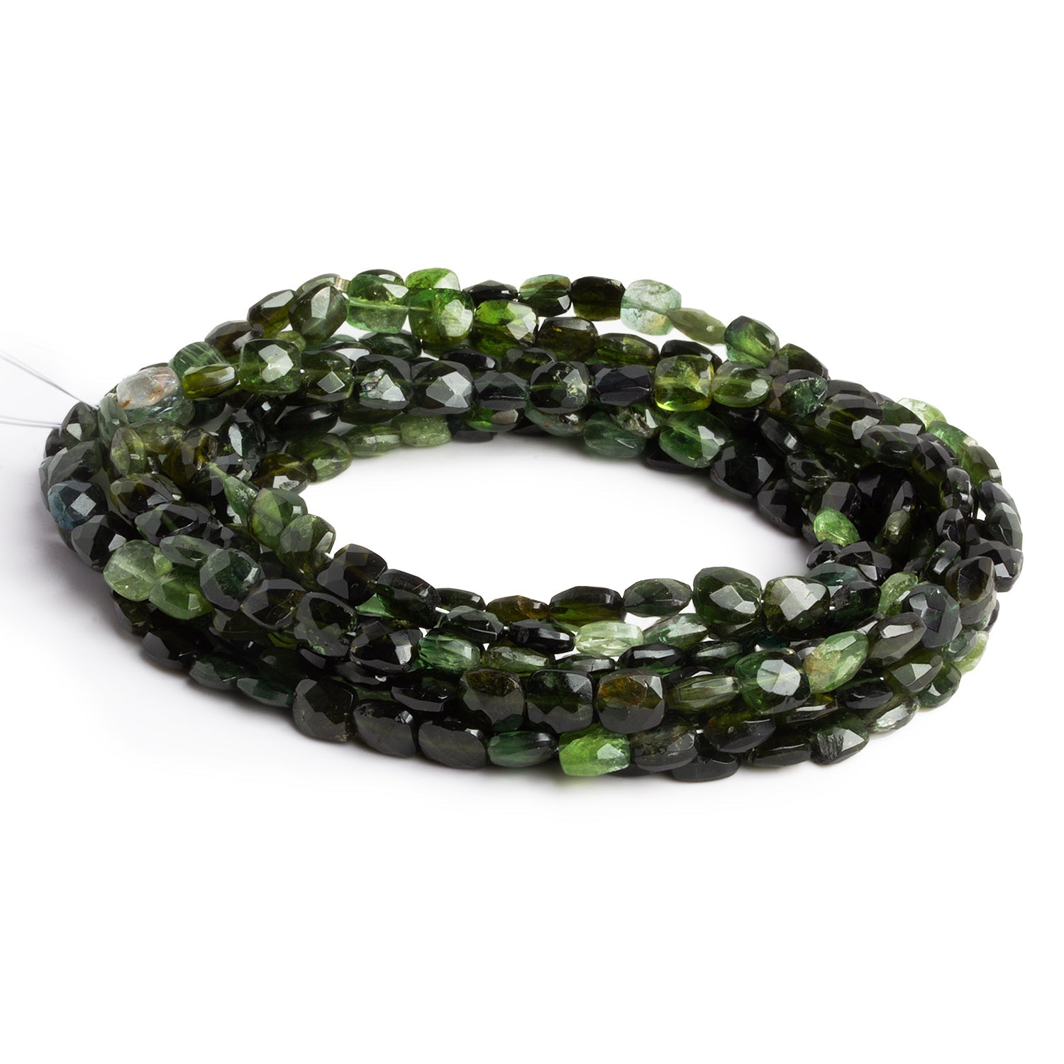 6x5mm Green Tourmaline Faceted Cushions 16 inch 68 beads - The Bead Traders