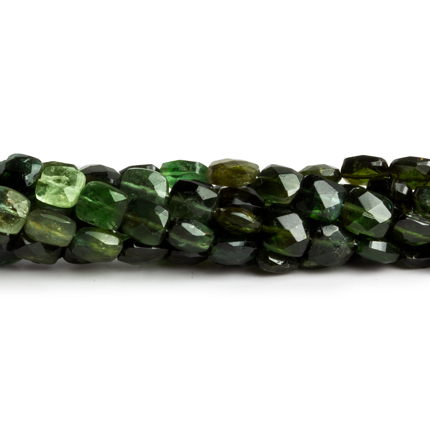 6x5mm Green Tourmaline Faceted Cushions 16 inch 68 beads - The Bead Traders