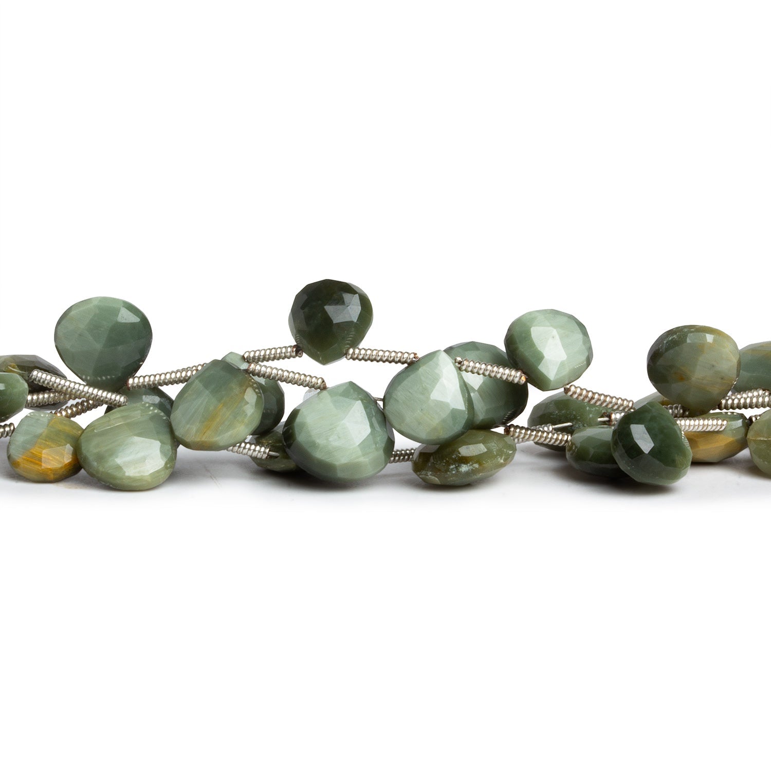 7 - 10mm Green Cat's Eye Quartz Faceted Hearts 8 inch 18 beads - The Bead Traders