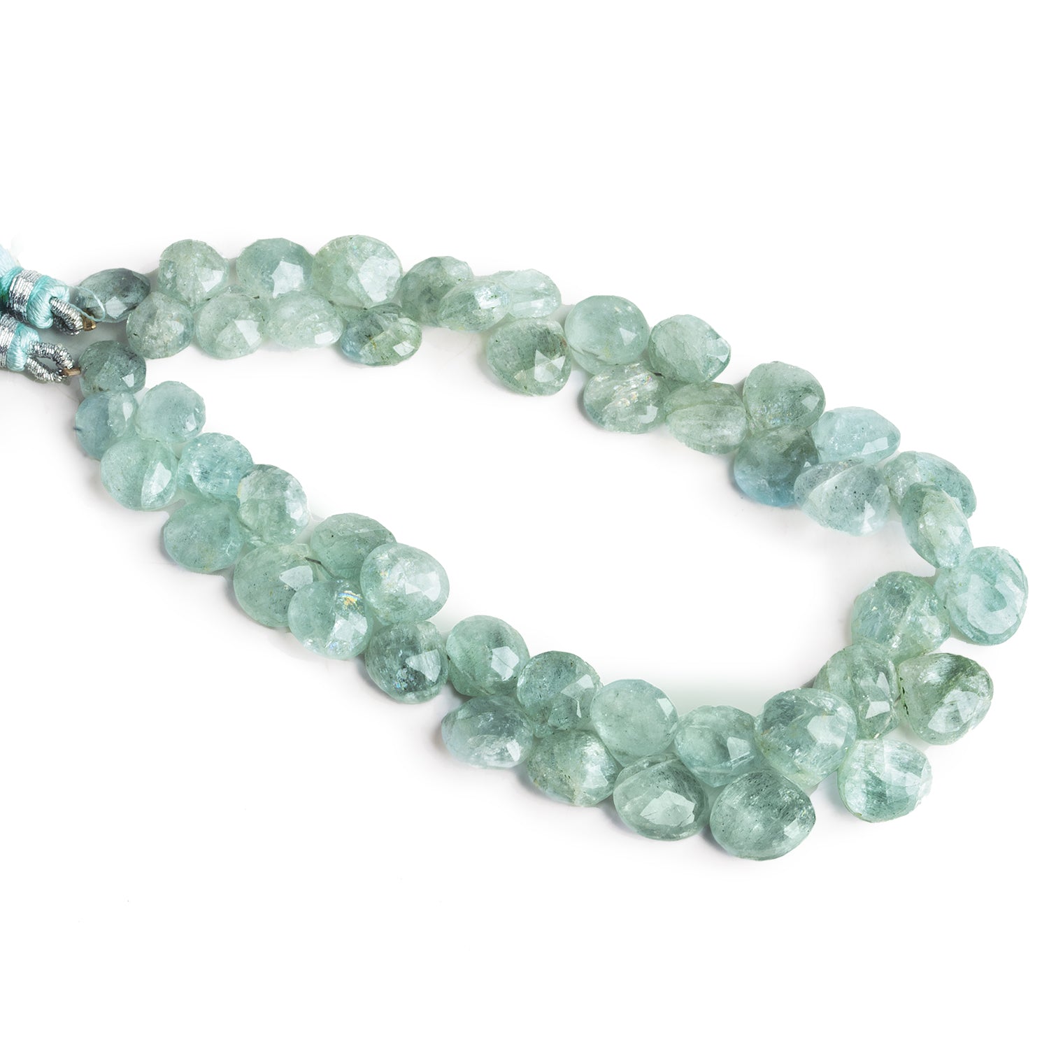 7 - 10mm Moss Aquamarine Faceted Hearts 9 inch 47 beads - The Bead Traders