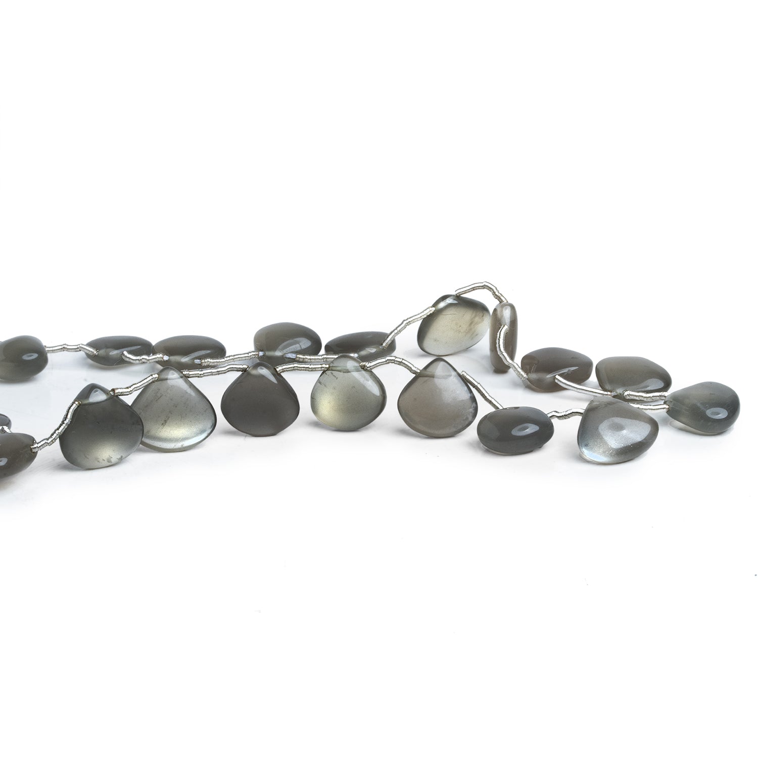 7 - 14mm Platinum Grey Moonstone Plain Hearts 10 inch 19 beads - The Bead Traders