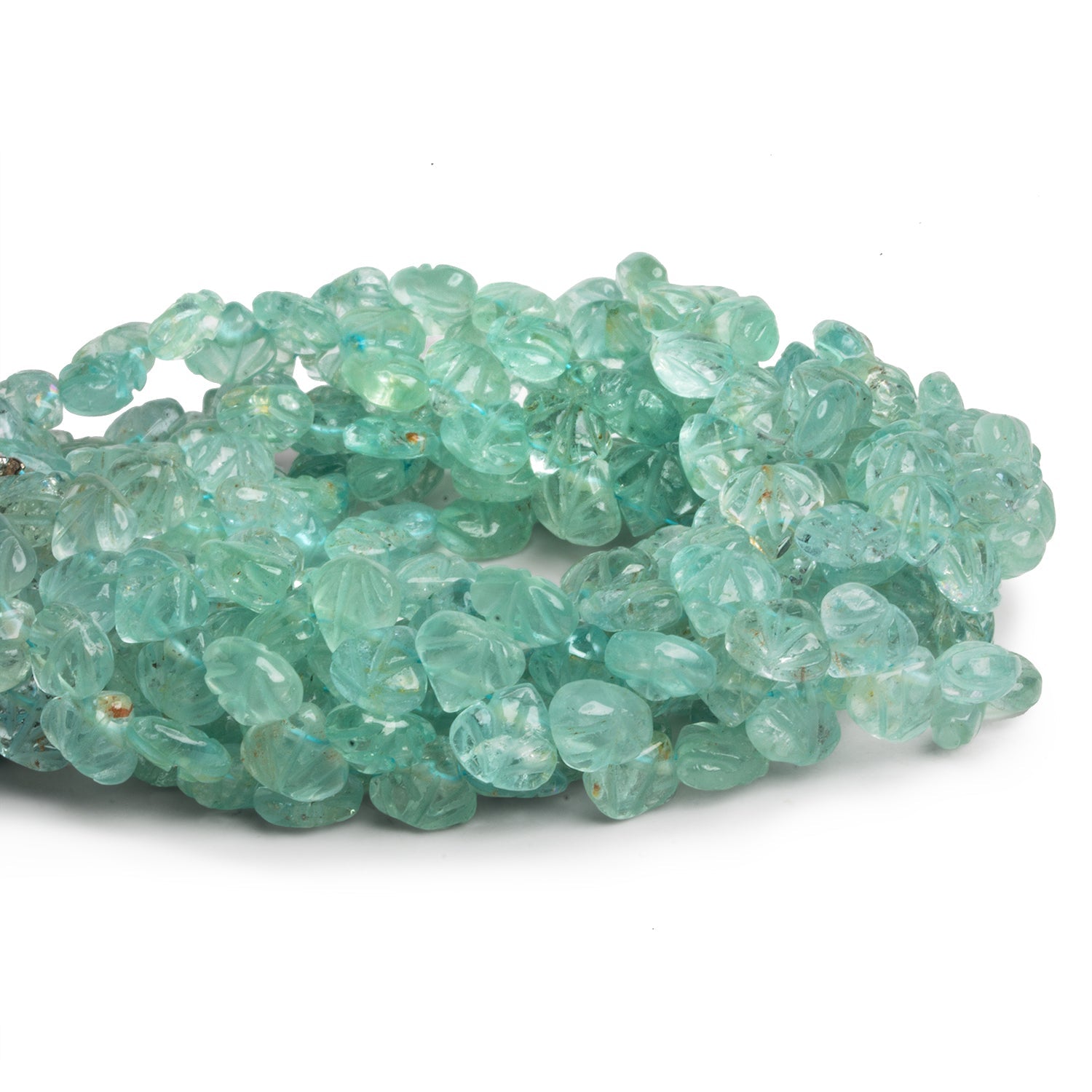 7 - 8mm Aquamarine Carved Hearts 8 inch 39 beads - The Bead Traders