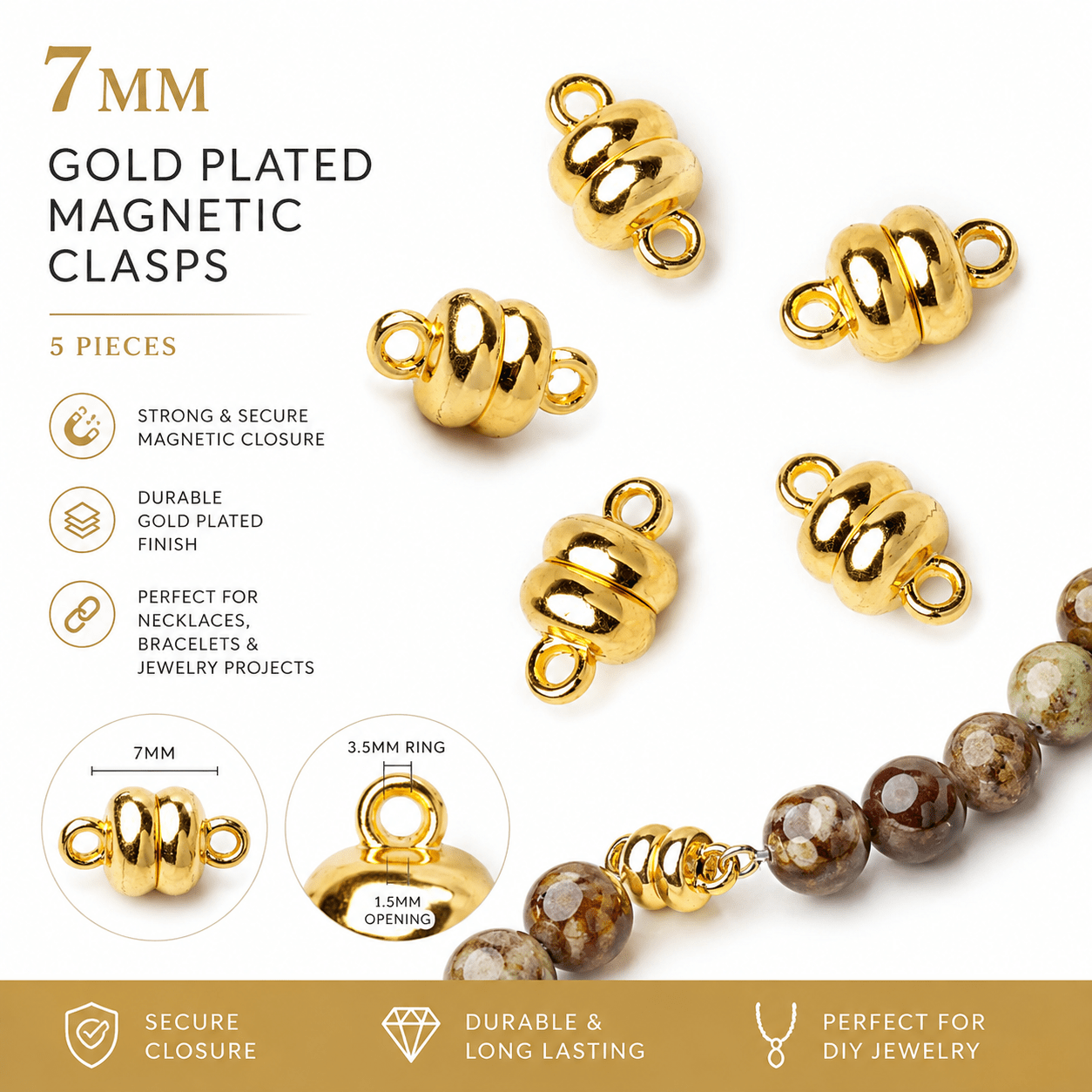 7mm Gold plated Magnetic Clasp Set of 5 pieces - The Bead Traders