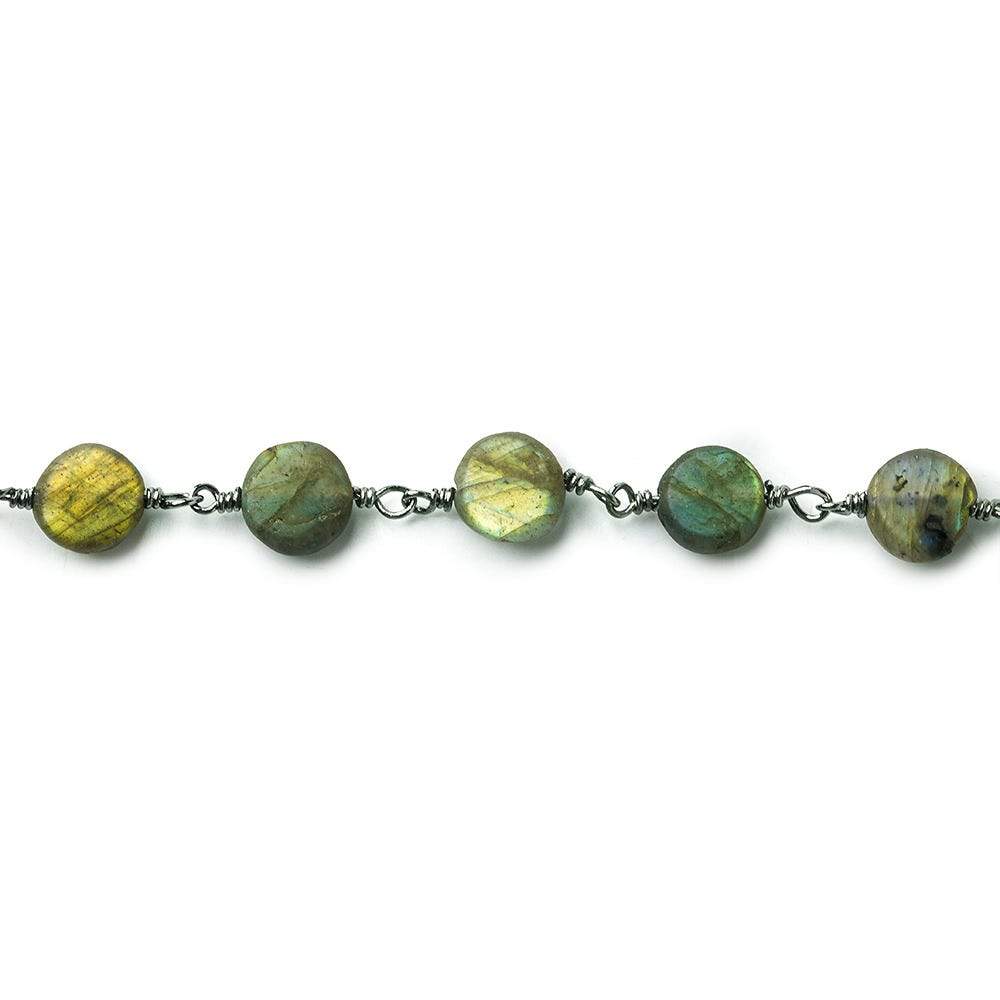 7mm Matte Labradorite Coin Black Gold Chain 25 beads - The Bead Traders
