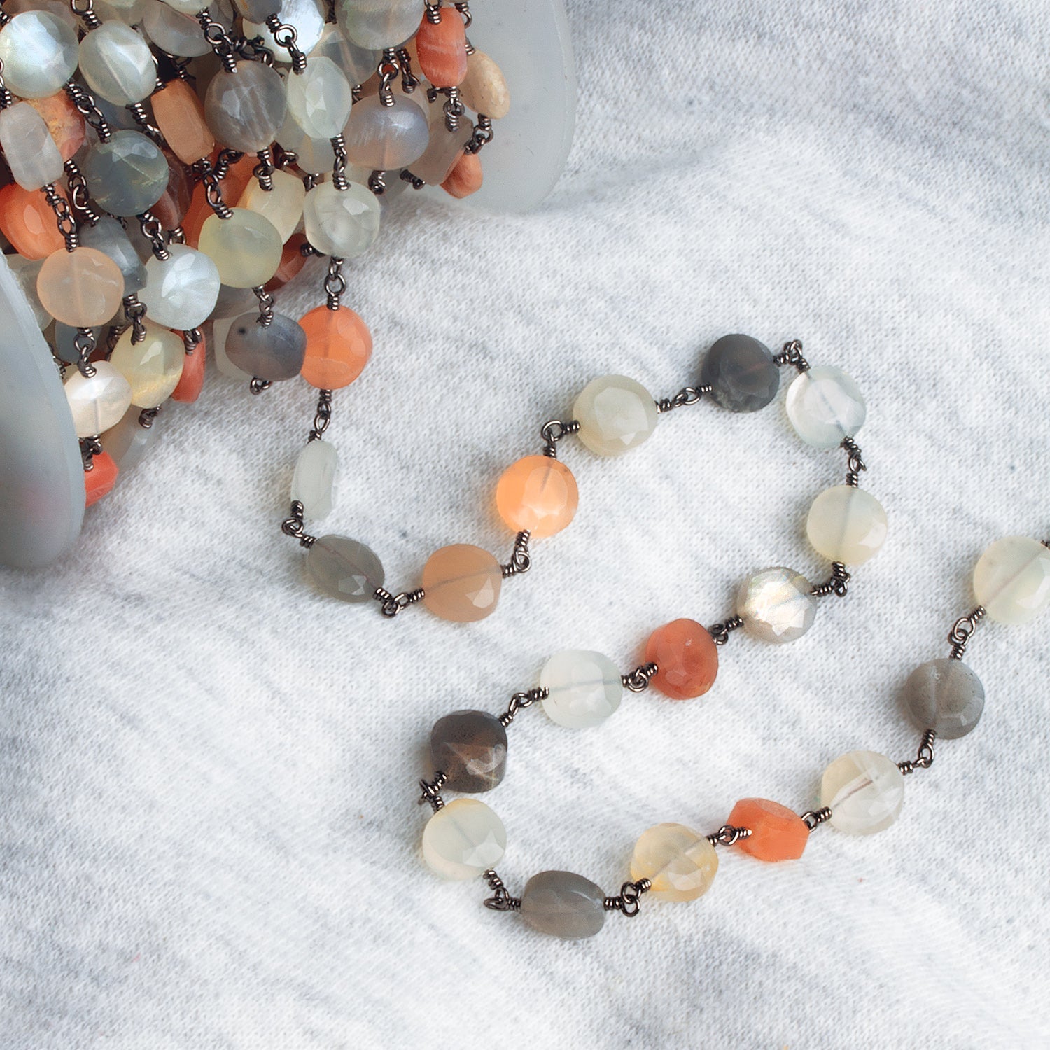 7mm Multicolor Moonstone Coin Black Gold Chain 24 pieces - The Bead Traders