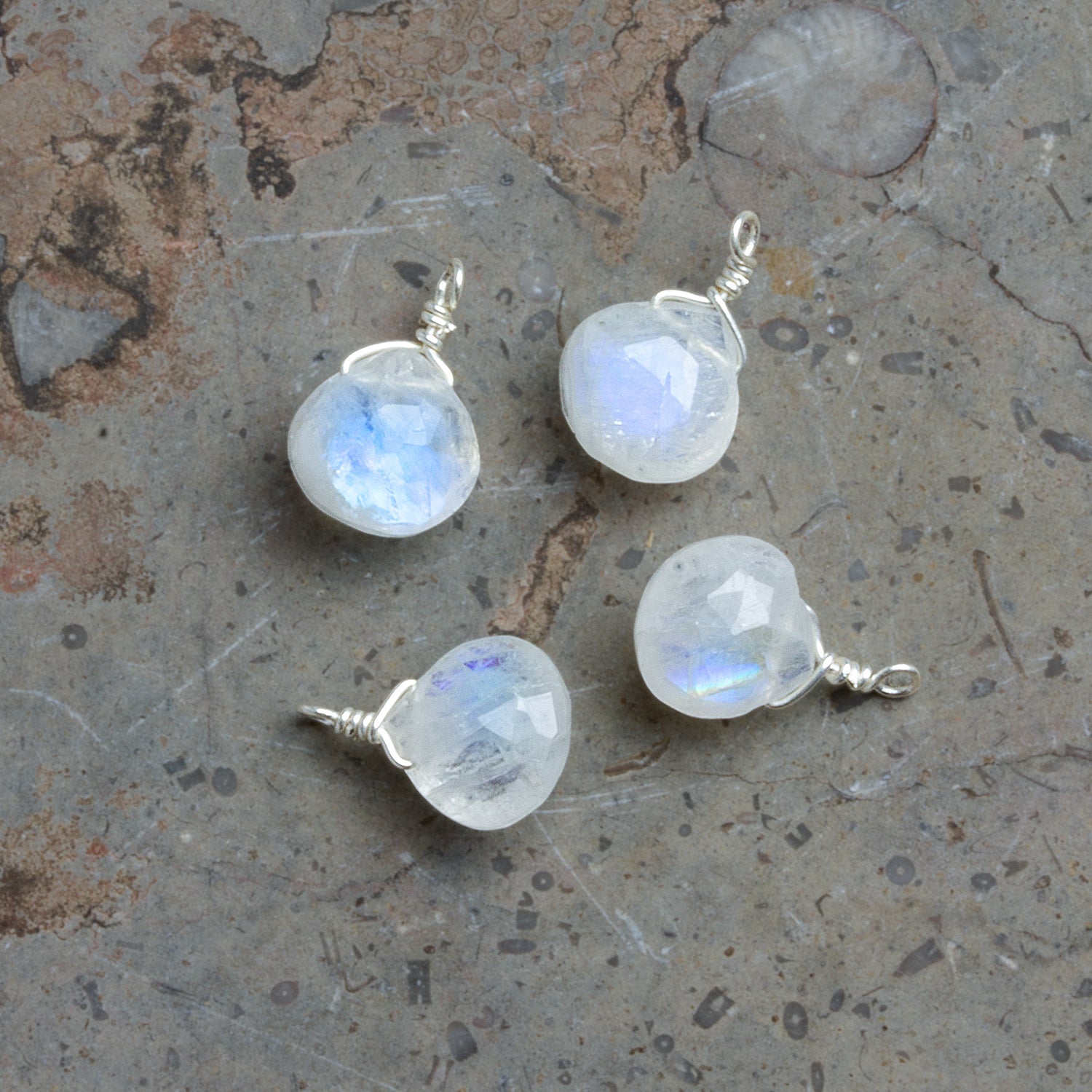 7mm Rainbow Moonstone Wire - Wrapped Heart Pendants 4 beads - The Bead Traders
