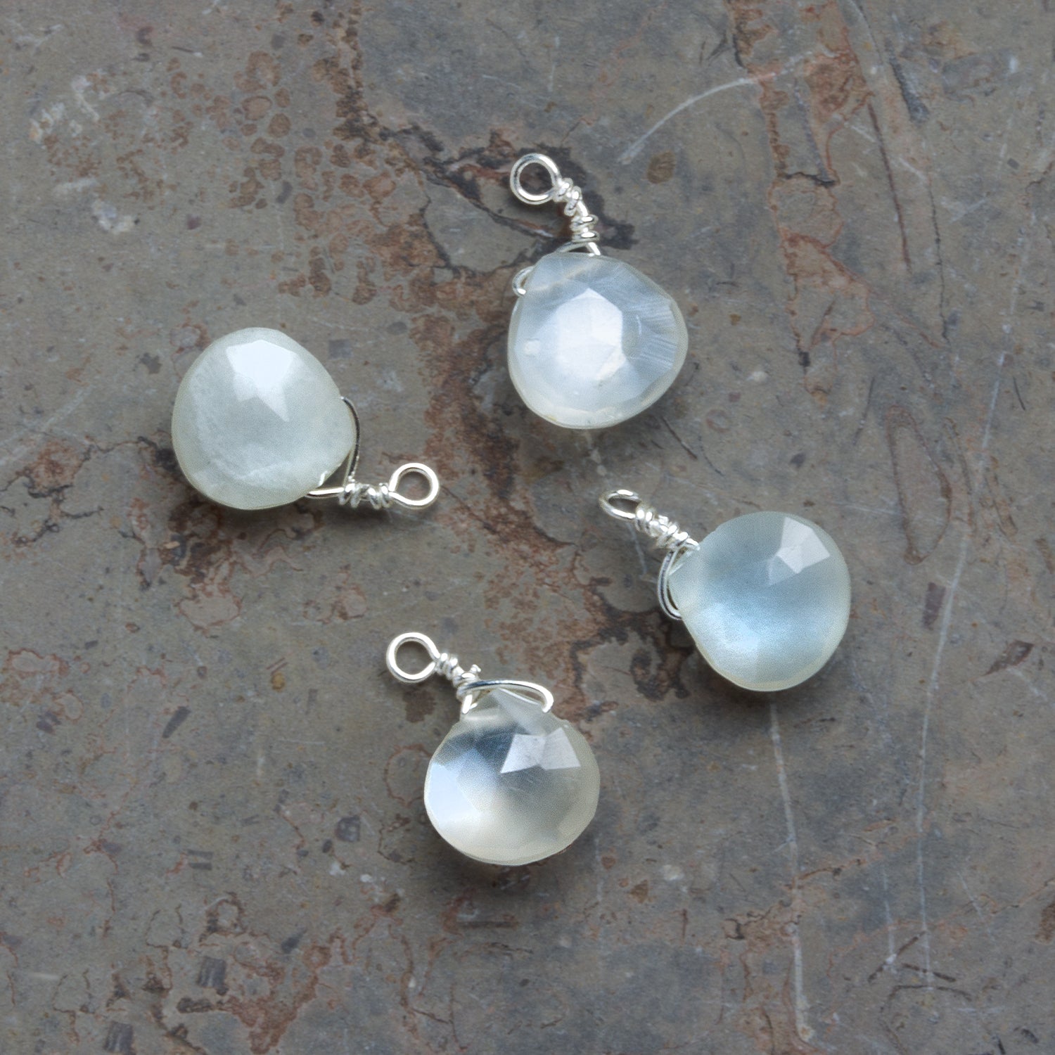 7mm White Moonstone Wire - Wrapped Heart Pendants 4 beads - The Bead Traders