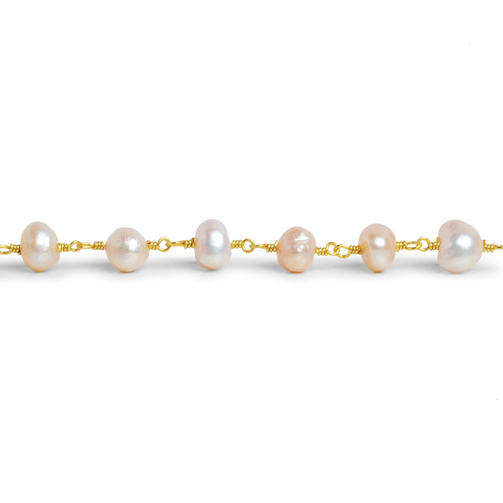 7x6mm Peach Baroque Pearl Gold Chain 25 beads - The Bead Traders