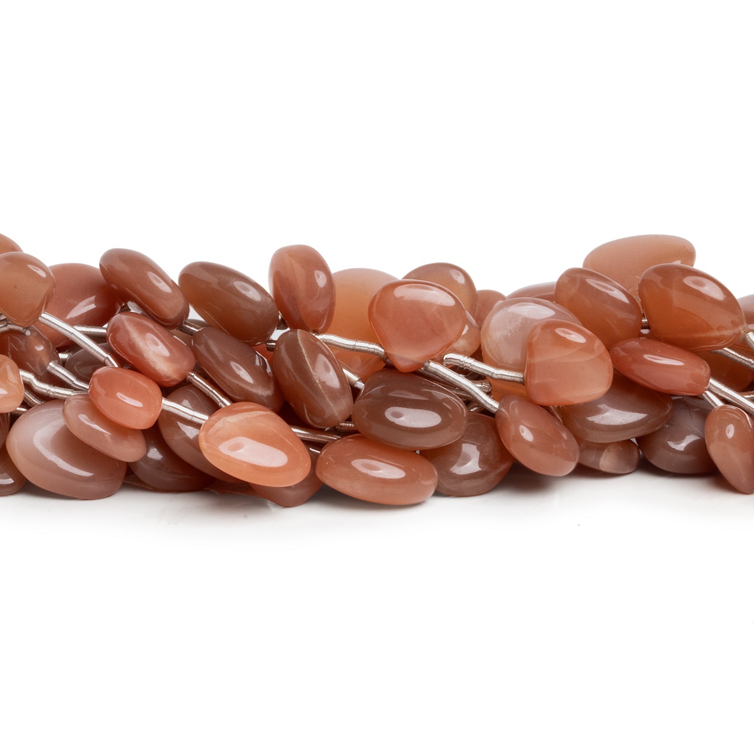 8 - 15mm Reddish Peach Moonstone Plain Hearts 10 inch 18 beads - The Bead Traders