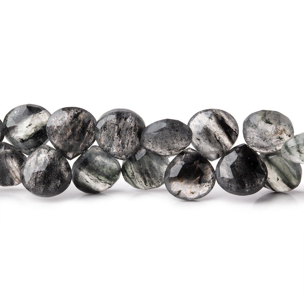 8.5 - 9mm Black Moss Quartz Faceted Hearts 8 inch 52 beads - The Bead Traders