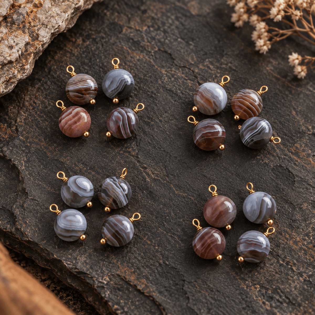 8mm Botswana Agate Wire-Wrapped Coin Pendants 4 Beads - The Bead Traders