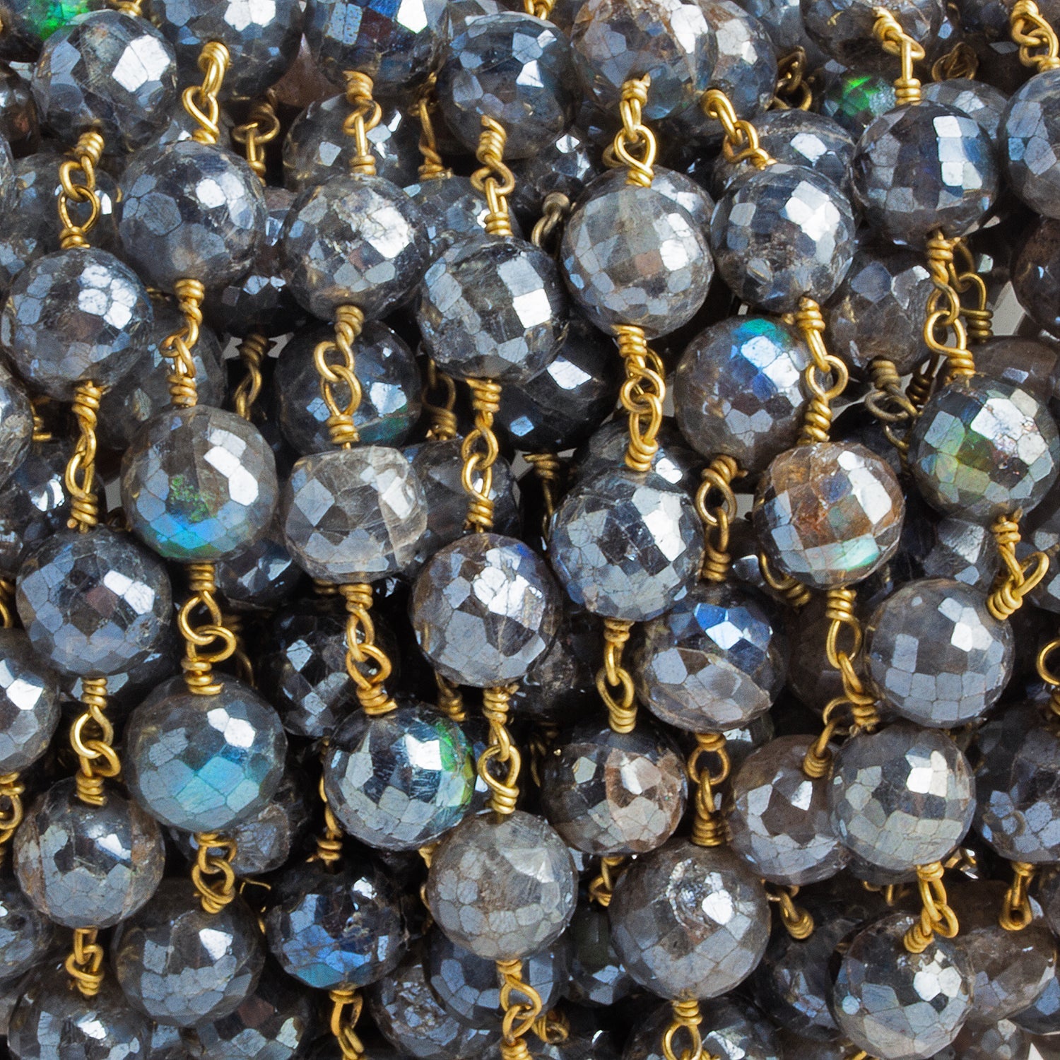 8mm Mystic Labradorite Faceted Round Gold Chain 22 beads - The Bead Traders