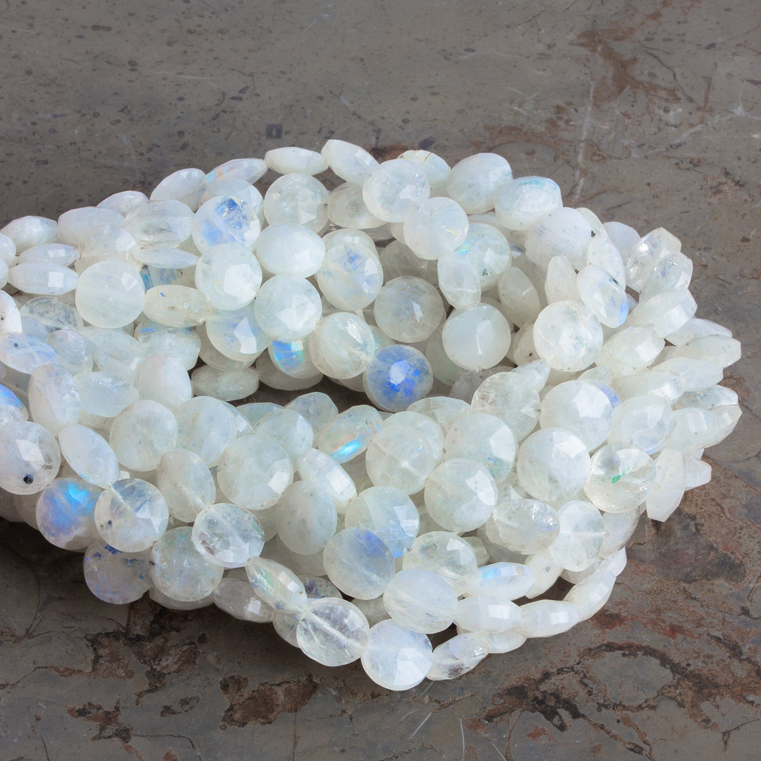 8mm Rainbow Moonstone Faceted Coins 7.5 inch 23 beads - The Bead Traders
